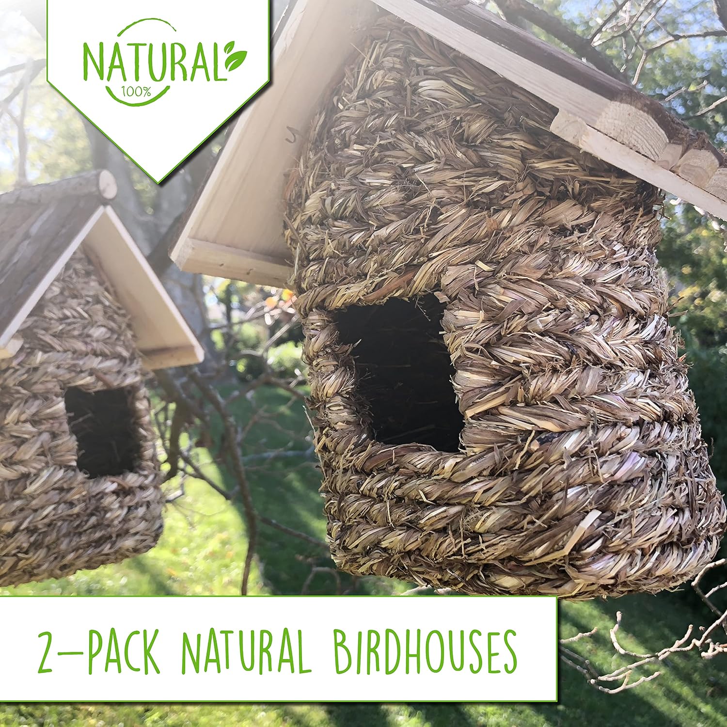 Songbird Bird House Natural Bird Huts Outdoor - 2 Pack, Grass Woven Bird Nest, Hummingbird House - Backyard Expressions