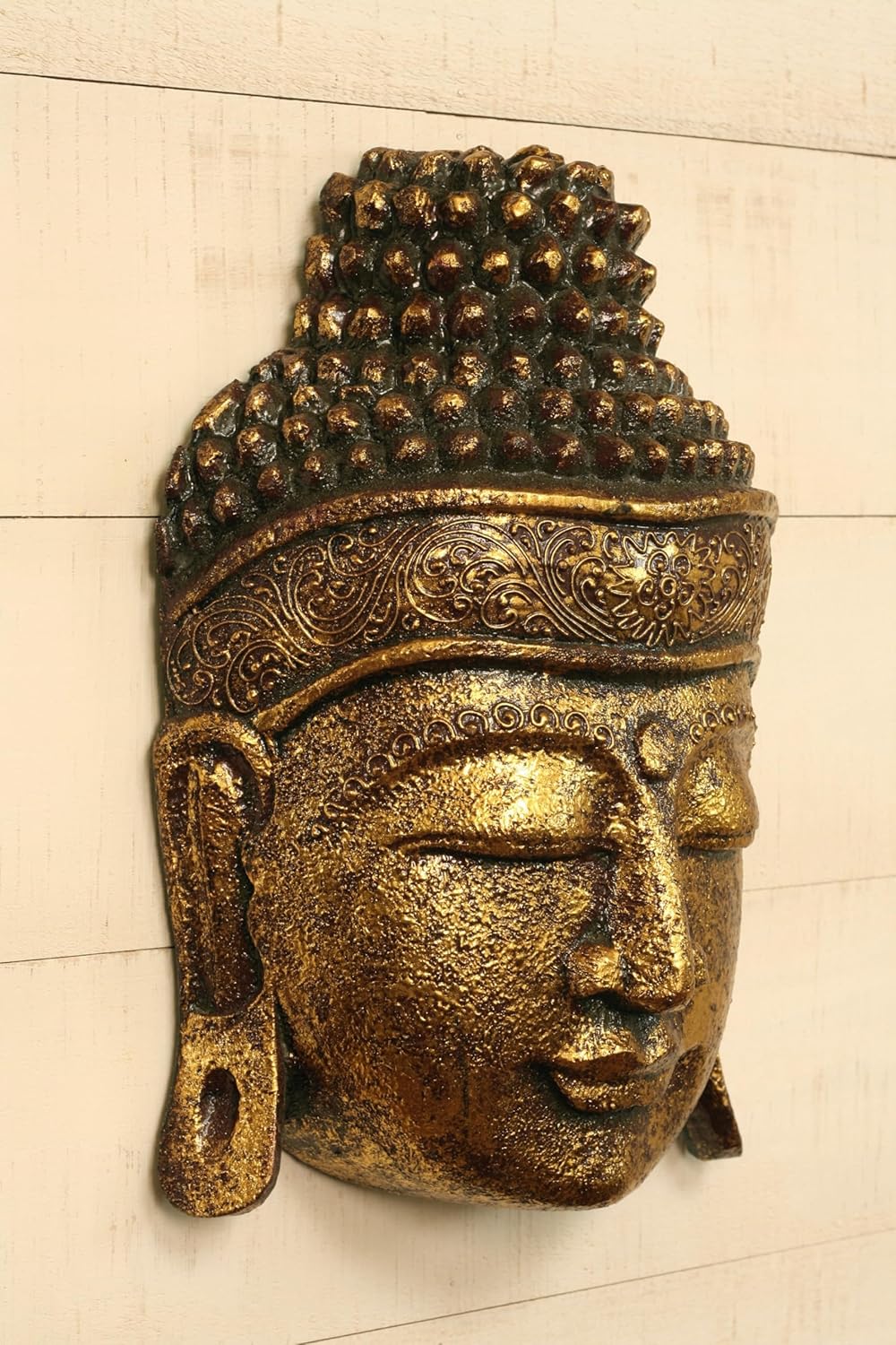 G6 Collection 12" Wooden Wall Mask Serene Buddha Head Statue Hand Carved Sculpture Handmade Figurine Gift Home Decor Accent Handcrafted Art Wall Hanging Decoration Buddha Face Mask (Gold)