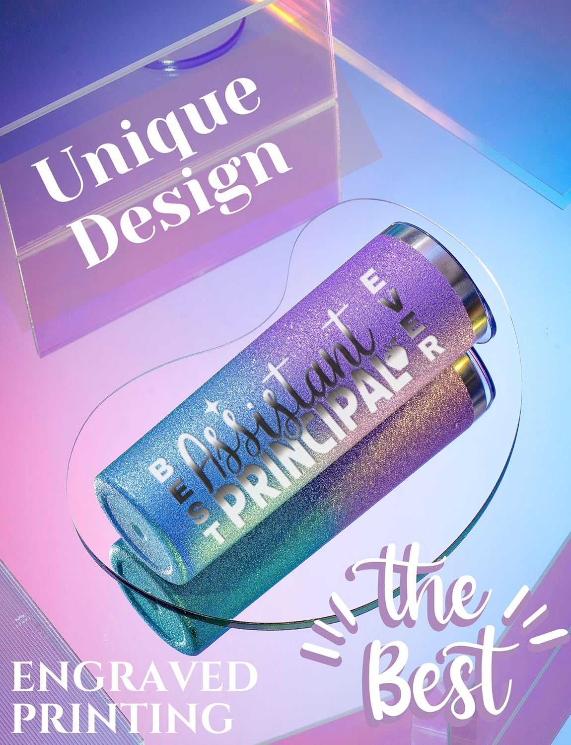 Onebttl Assistant Principal Gifts Tumbler for Women, 20oz Insulated Stainless Steel Skinny Cup for Assistant Principal Appreciation, Christmas, Best Assistant Principal Ever - Glitter Purple Blue - Image 2