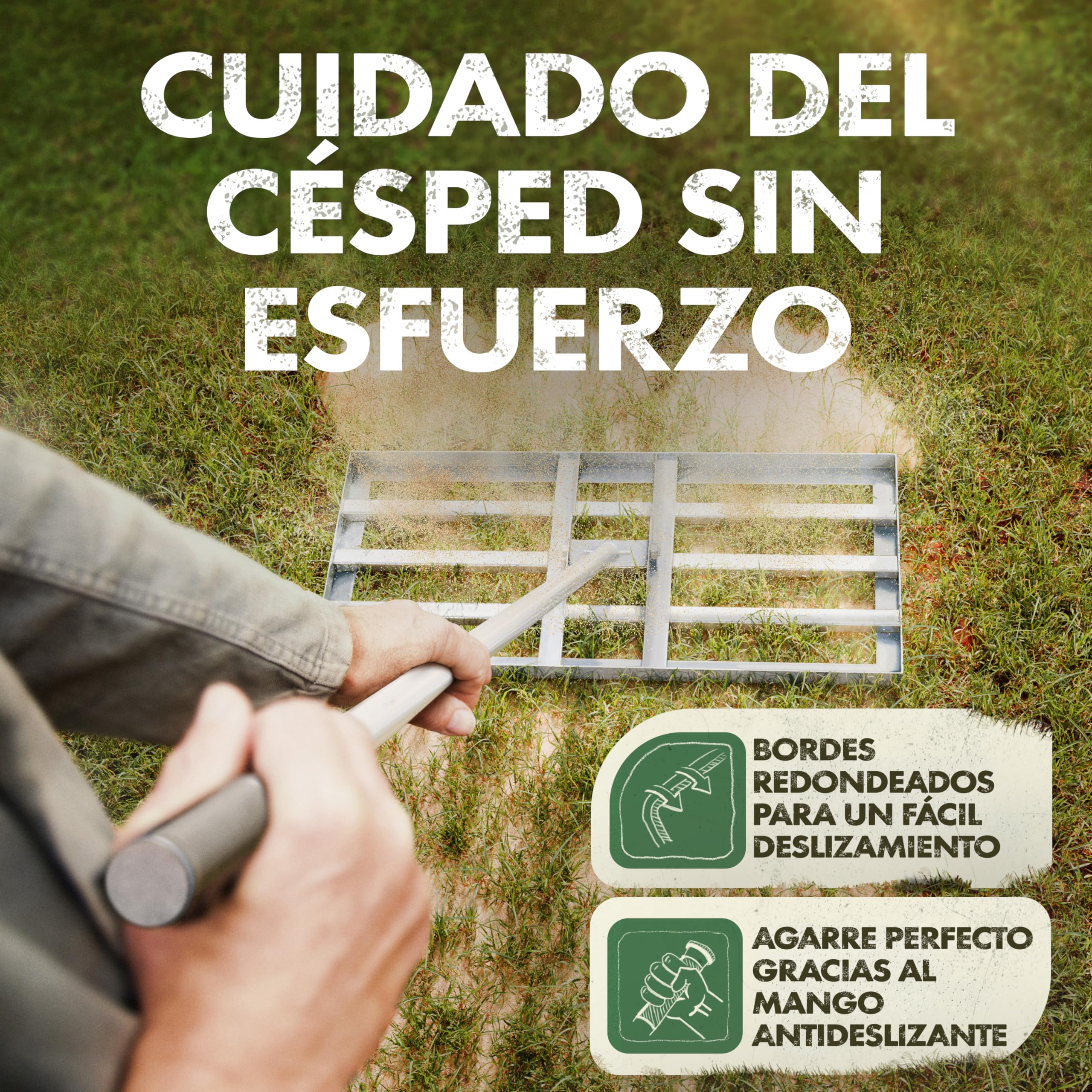 GARLINGO Rastrillo de césped | 75 x 35 cm | Incl. Mango METÁLICO de 1,7m | Rastrillo de césped para lijar el césped, nivelar la Arena del césped, aireador Nivelador de césped con rastrillo