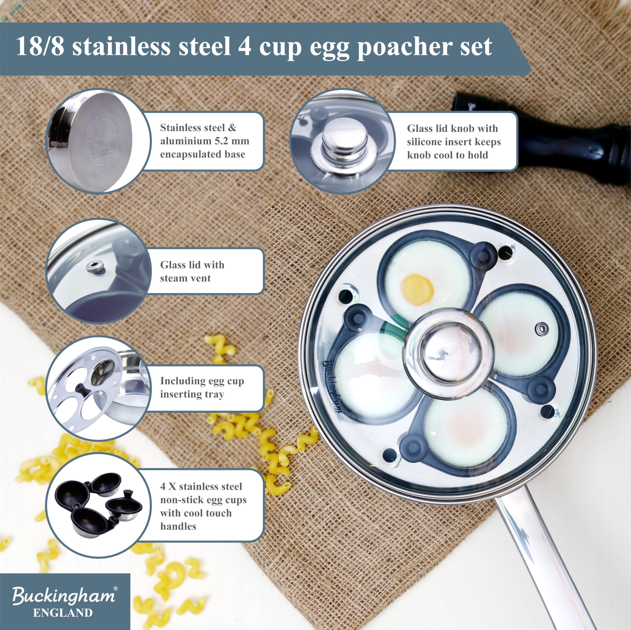 Buckingham - Cazo para escalfar 4 Huevos (20 cm de diámetro, con 4 Soportes antiadherentes y extraíbles para Huevos), Color Plateado