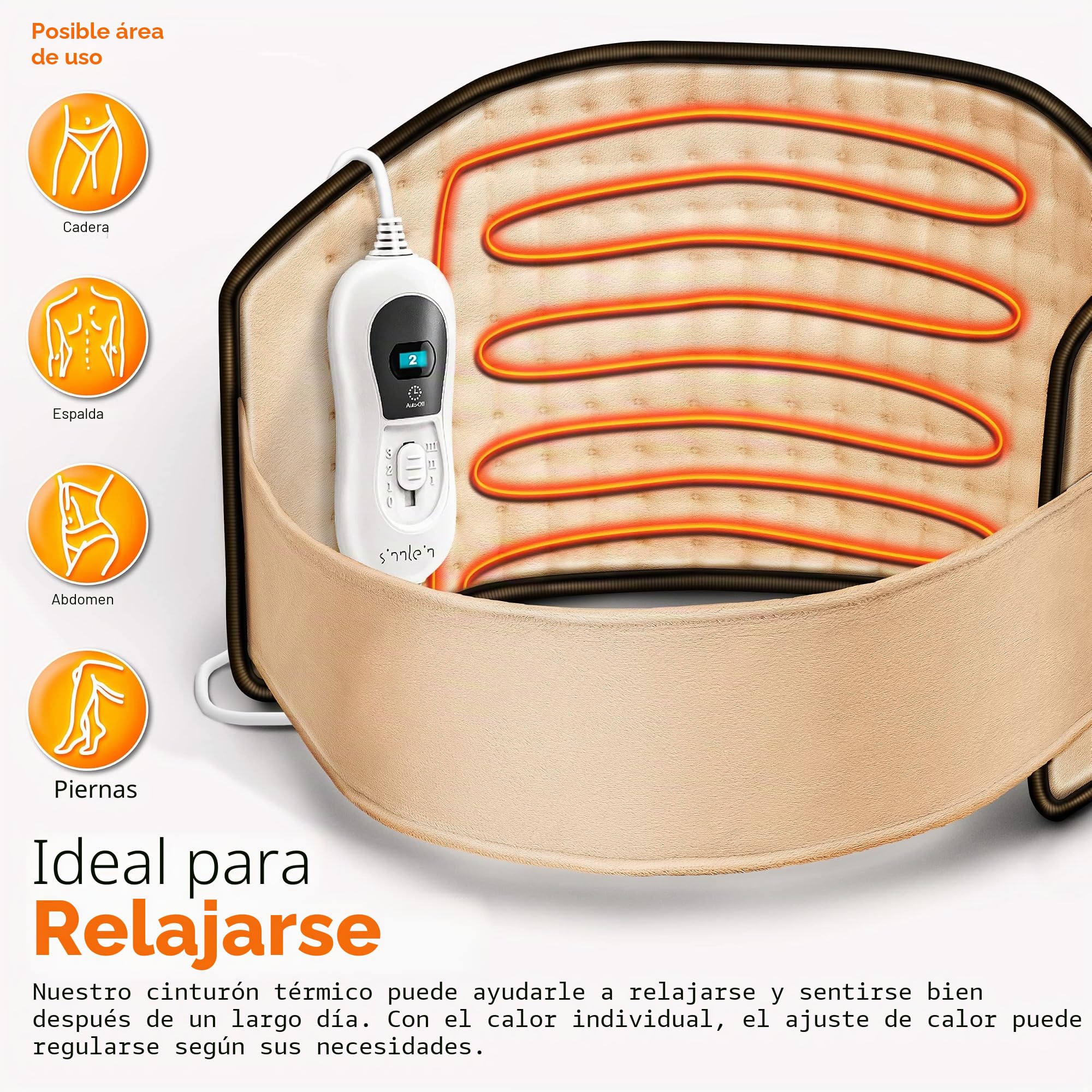 sinnlein Faja Lumbar para Espalda | Cinturón Térmico Abdominal, Cuello | Almohadilla Eléctrica con 3 Temperaturas y Apagado Automático | Alivio del Dolor | Correa Ajustable y Cierre de Velcro