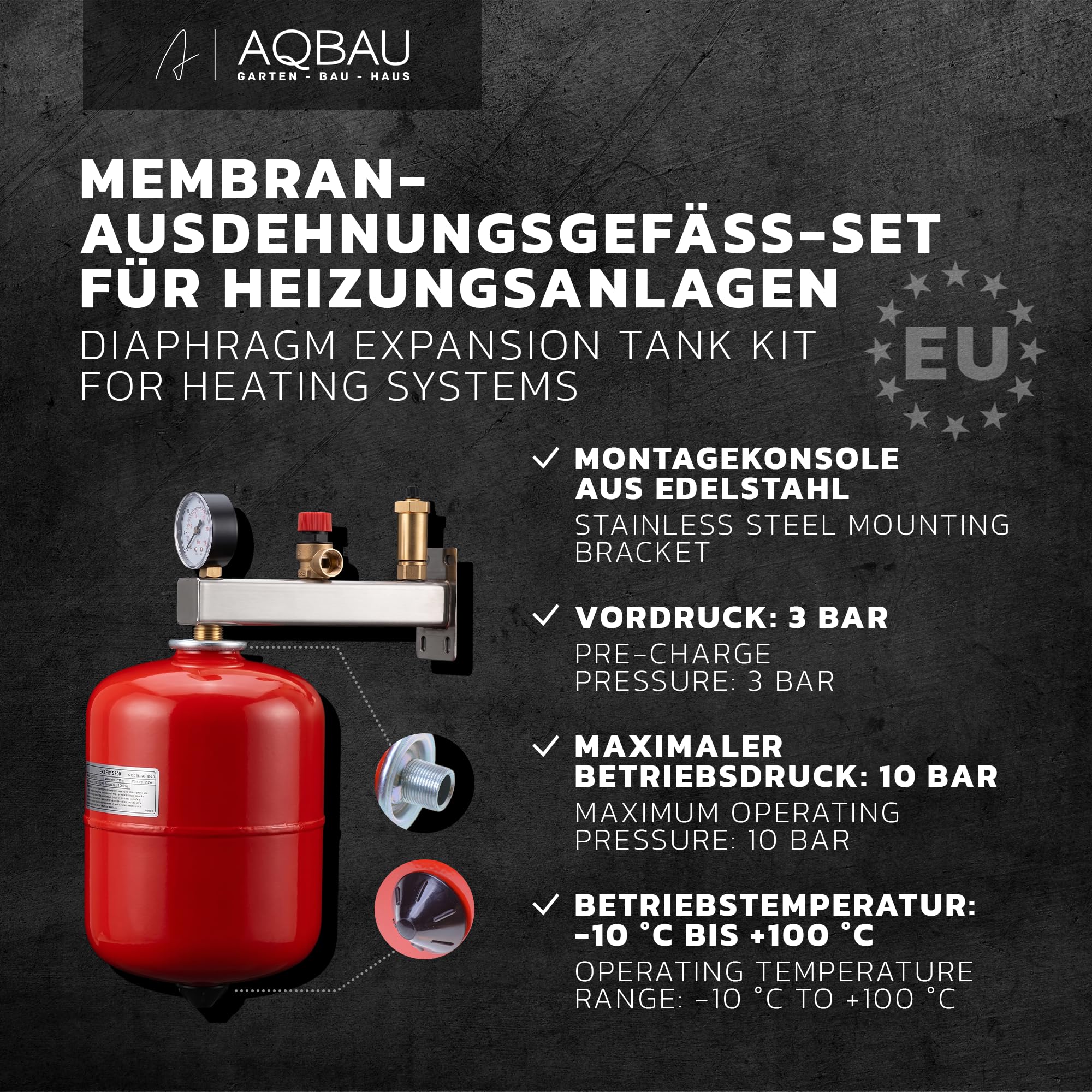Set di vasi di espansione a membrana con gruppo di sicurezza in acciaio inox per riscaldamento e acqua di raffreddamento (misura 24 L)
