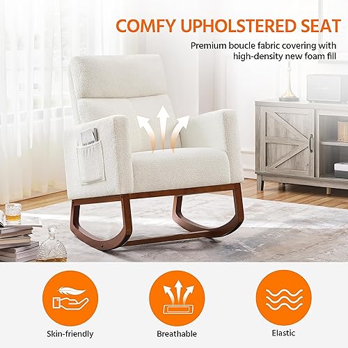 Miniatura 4 de Yaheetech Silla mecedora tapizada, silla de bebé Boucle Glider con respaldo alto y bolsillo lateral, sillón mecedor con patas de madera de goma para