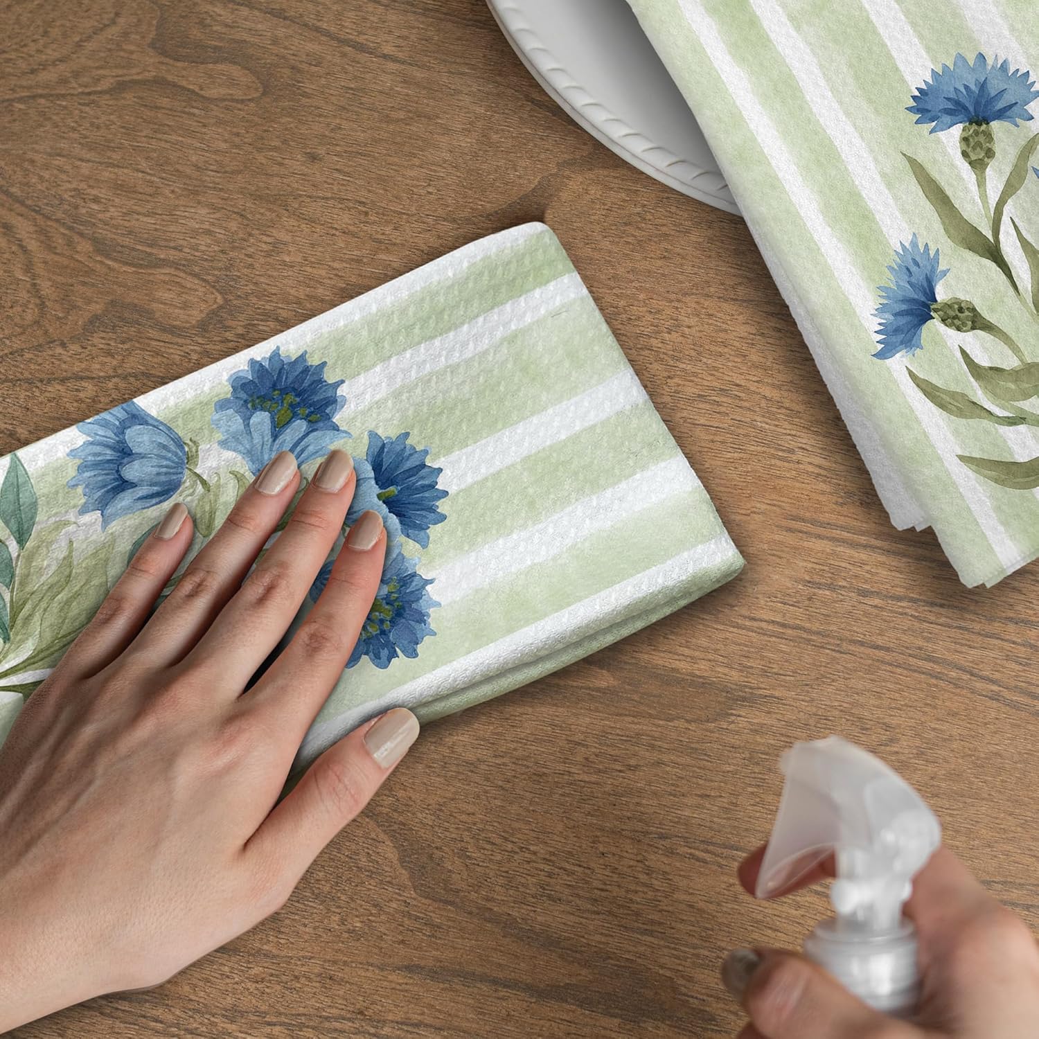 Blue Cornflower Floral Kitchen Towels - Floral Dish Towels, Sage Green Striped Flower Botanical Decorative Absorbent Dishcloths Hand Towel for Kitchen Bathroom Decor 16x24 Inches Set of 2 - Image 5