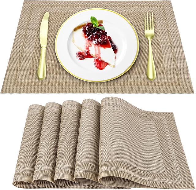 Amazon Brand - Umi. Placemats for Dining Table Set of 6, Heat Resistant Place Mats, Washable PVC Table Mats, Woven Vinyl Non-Slip Stain Resistant Kitchen Table Placemats, Easy to Clean (Brown)