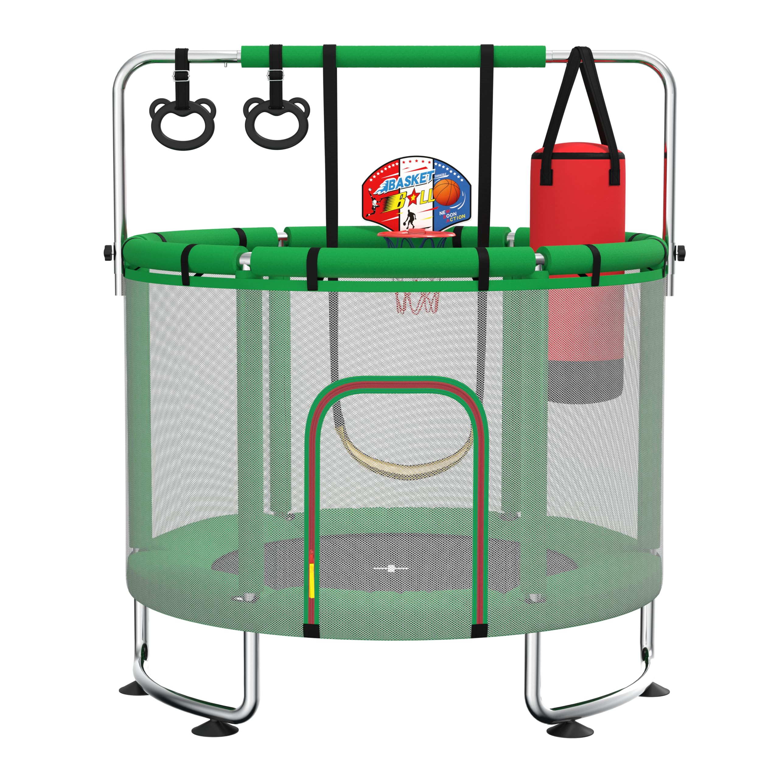 Trampoline pour Enfants 140 cm intérieur/extérieur – Charge maximale 50 kg avec Filet de sécurité, Barre de Gymnastique réglable et Panier de Basket, Cadeau pour garçons et Filles
