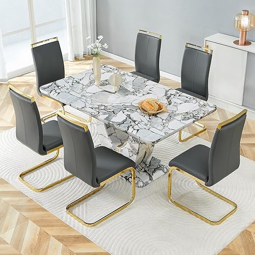 Miniatura 25 de JUFU Juego de mesa de comedor moderno para 6, juego de mesa de cocina de 63 pulgadas con mesa de mármol sintético y 4 sillas tapizadas de piel