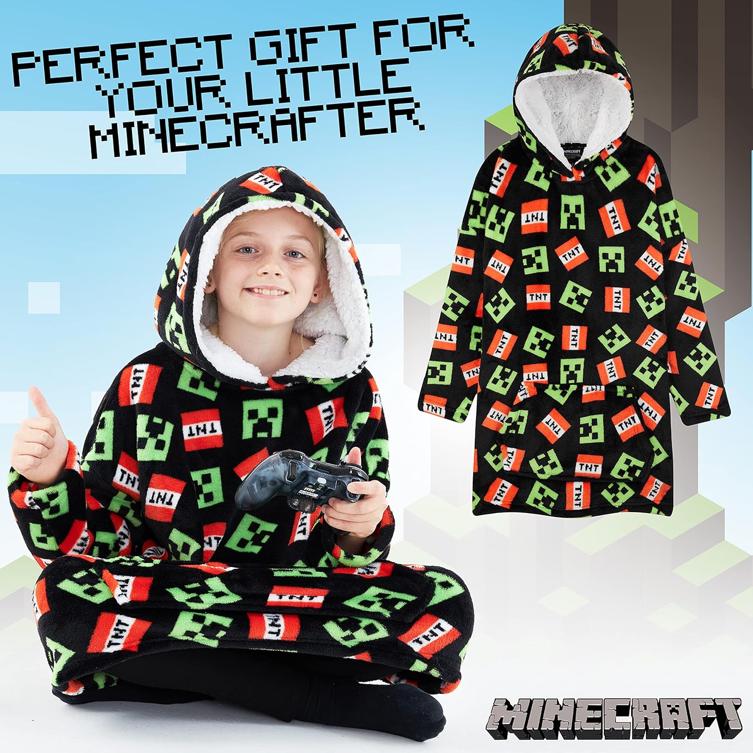 Minecraft Blanket Hoodie for Kids, Teens, One Size Soft Oversized Fleece Poncho, Cozy Hoodie Blanket, Gamer Gifts for Boys - Image 3