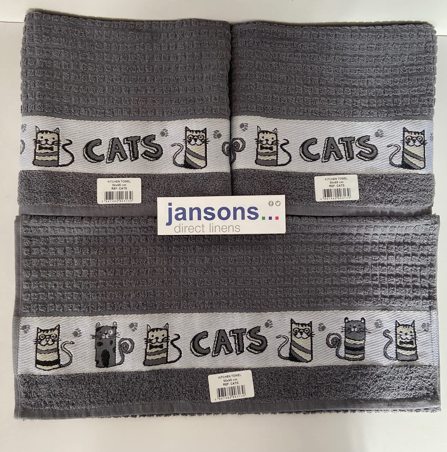 100% Cotton 3 Pack Cats Design Kitchen Hand Tea Towels in Grey Riggs