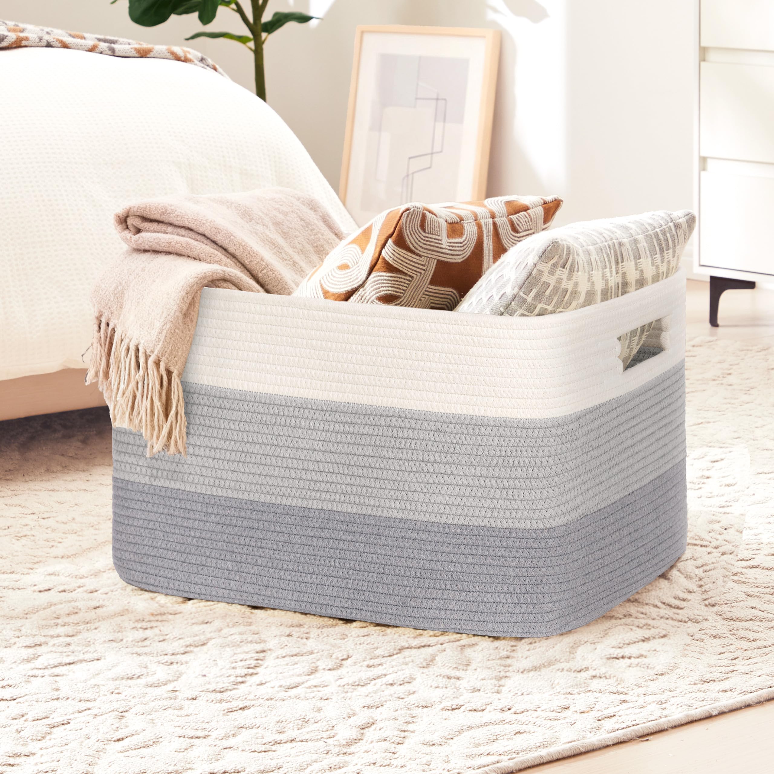 Gran organizador 86L en cuerda de algodón, cesto para juguetes, mantas, ropa, trenzado con asas, recogedor de ropa de tela para decoración de habitación infantil o salón, degradado gris