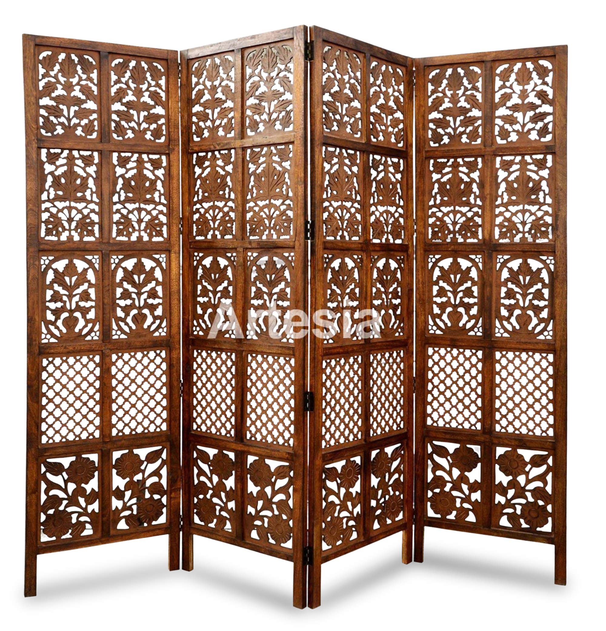Artesia Traditional Handcrafted 4 Panel Wooden Partition Screen/Room Divider (Brown)-image-27