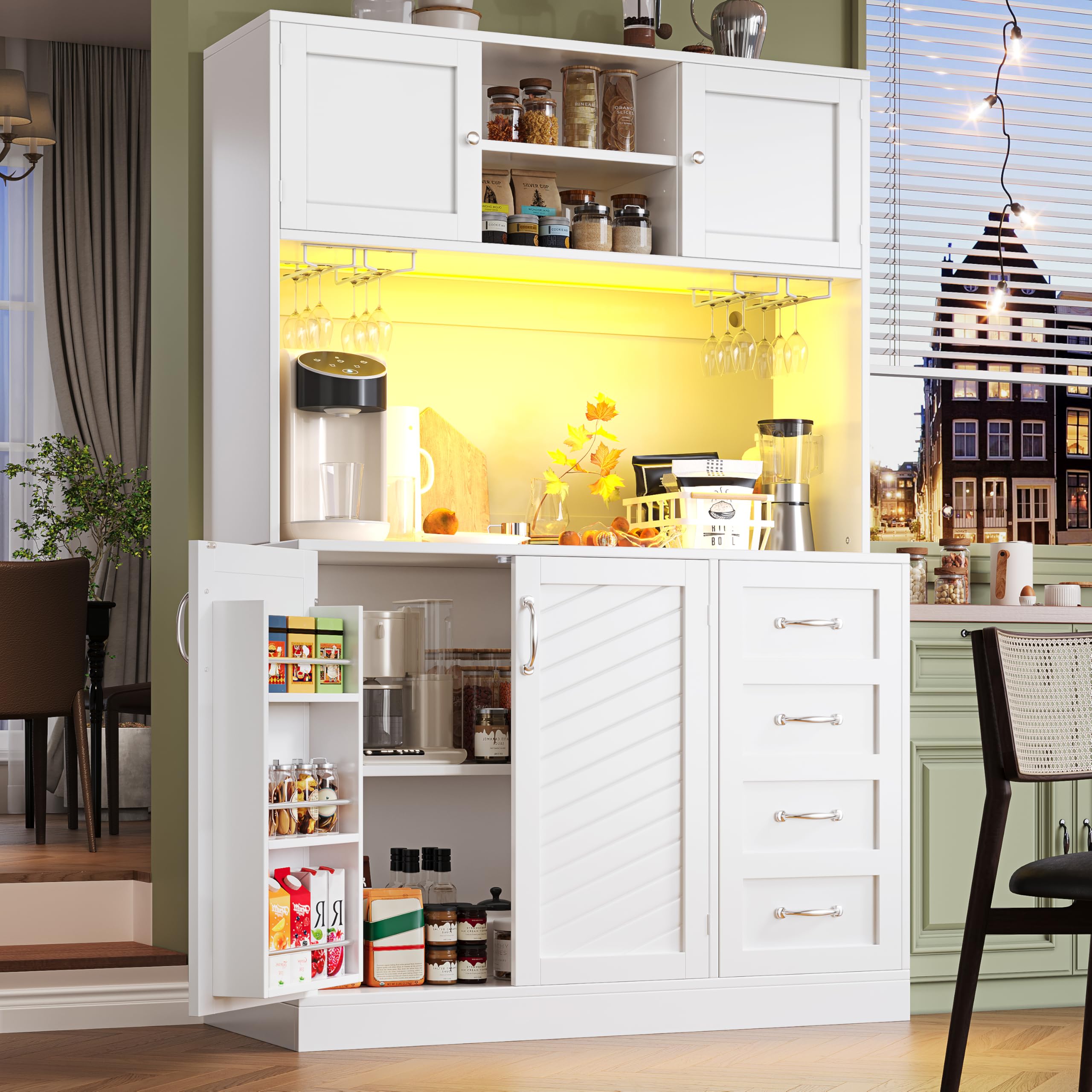 Armadietto da cucina, 120 x 40 x 188 cm, con illuminazione a LED, porta snack e porta bevande, 4 ante e 2 cassetti grandi, verde/nero/bianco