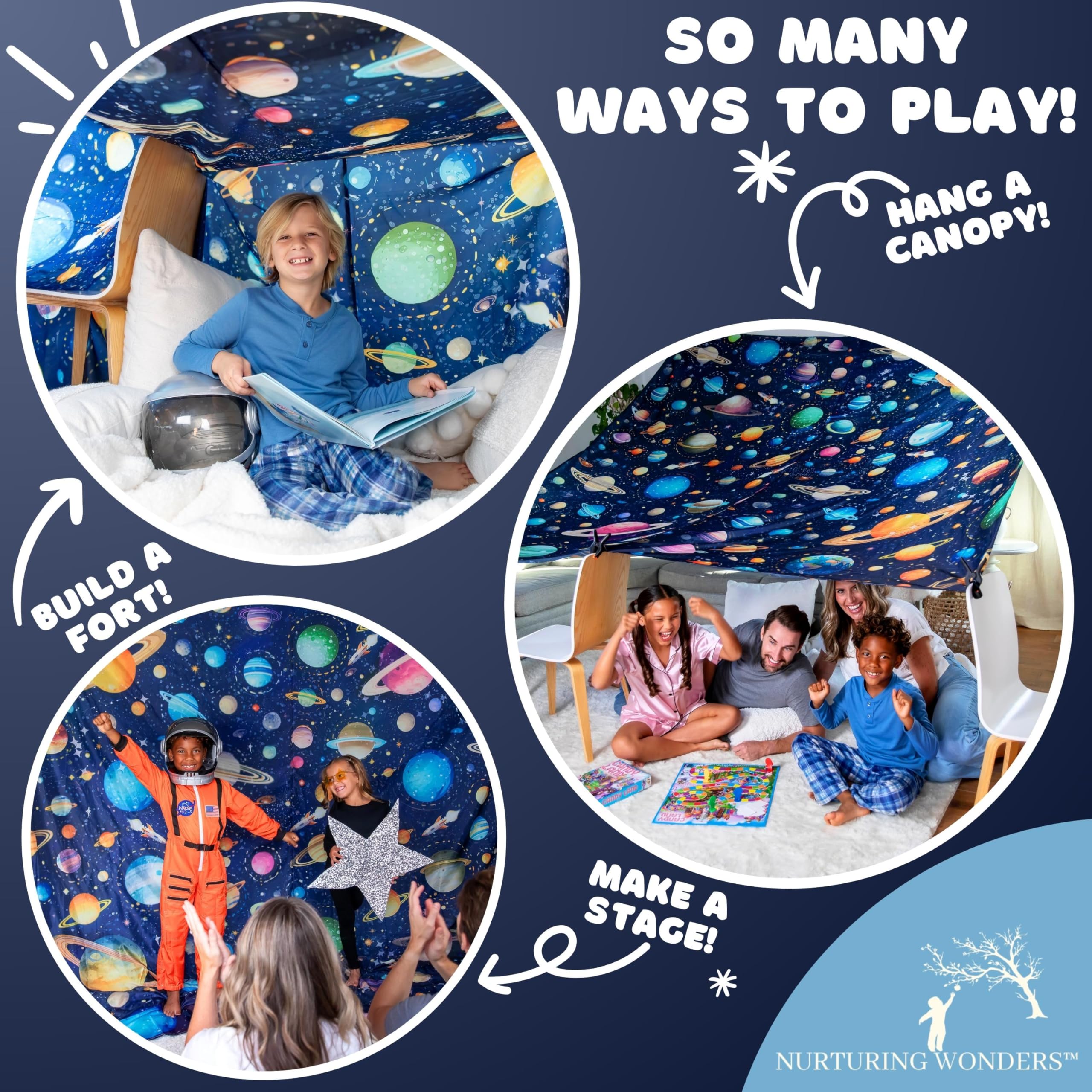 Blanket Fort Building Kit, X-Large 10' x 10' with Clips, Hooks and Sandbags, Play Blanket Fort Indoor Kit, Use as a Canopy, Play Stage Background - Space