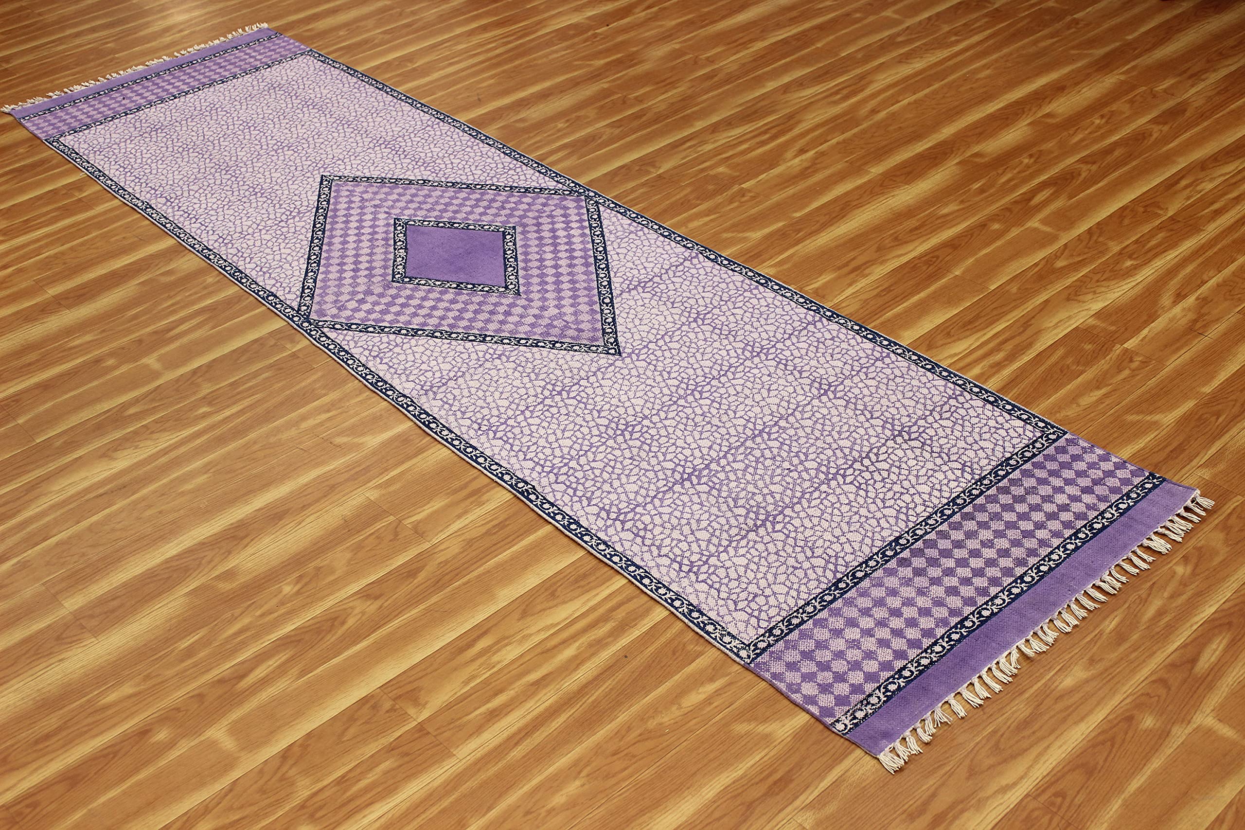 Indyjski wiejski ręcznie robiony dywan geometryczny fioletowy i beżowy 150 x 30 cm bawełna dhurrie łatwy do prania styl dekoracyjny Dhurrie - przedpokój, wejście i używanie chodników na
