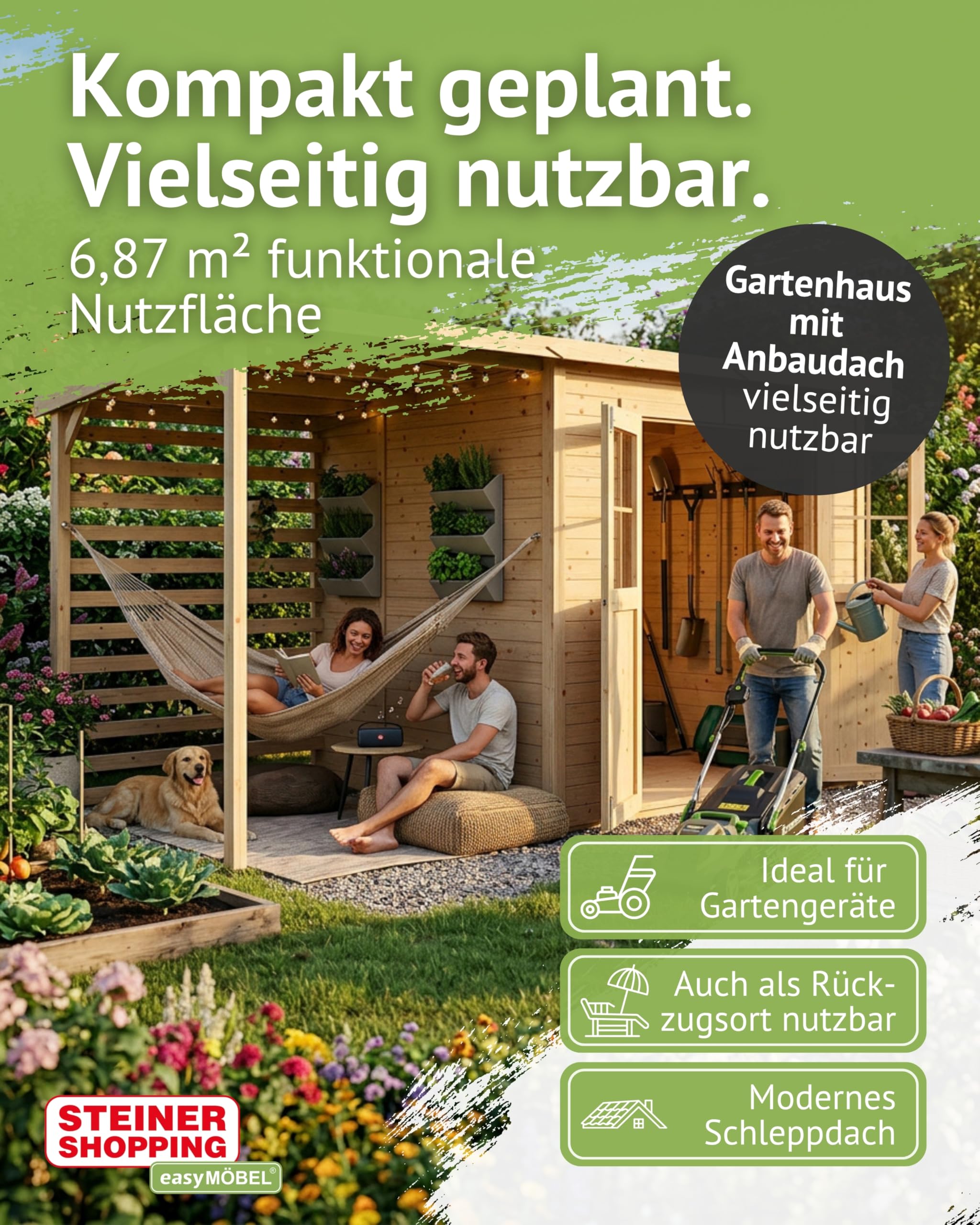Steiner Shopping Gartenhaus Glücksburg 04 aus nordischer Fichte I 14 mm Elementgartenhaus mit Schleppdach, Fußboden & Lamellenwand I Nutzfläche 6,87 m² I Robust, vielseitig & einfach aufzubauen