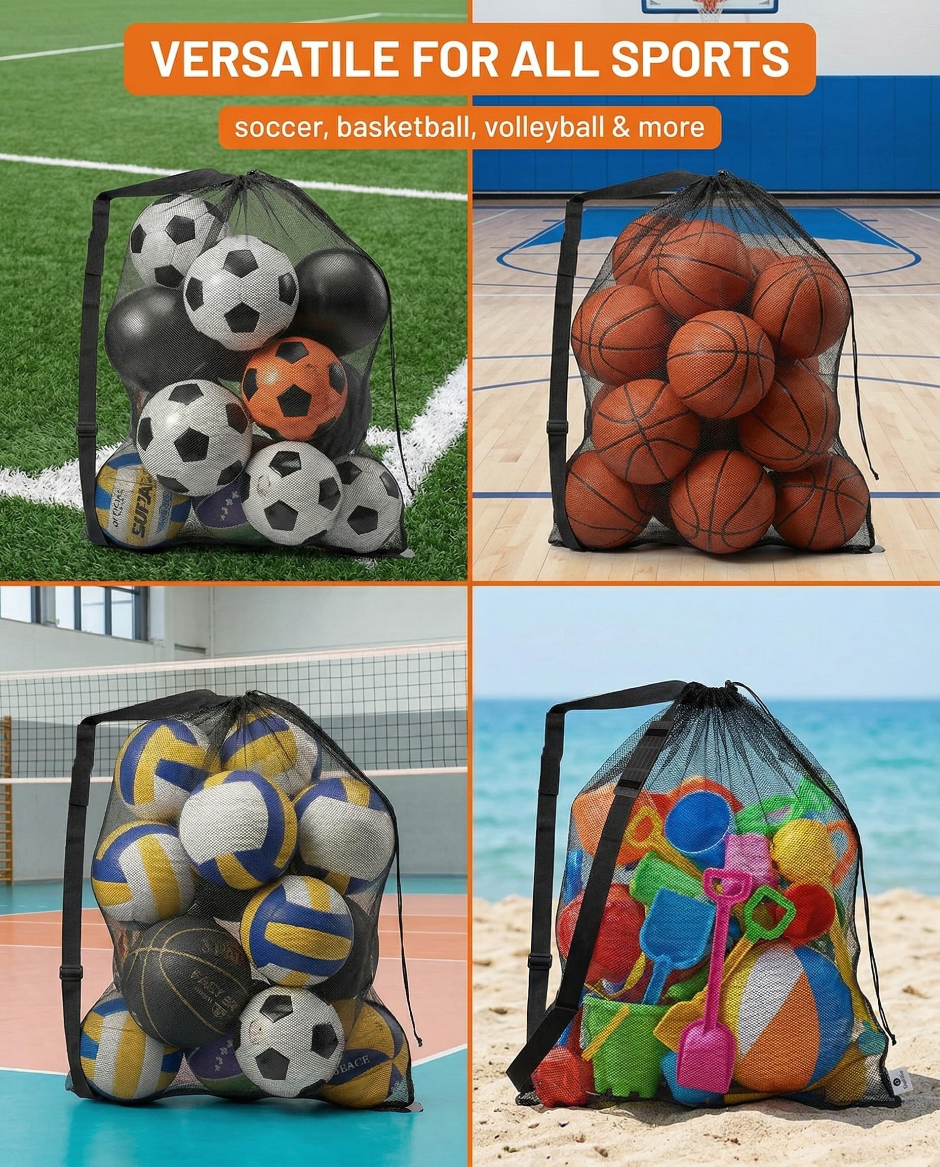 Sacca Rete Porta Palloni Grande Pieghevole, Borsa Sportiva Robusta con Coulisse e Tracolla per Calcio, Pallacanestro, Pallavolo, Rugby