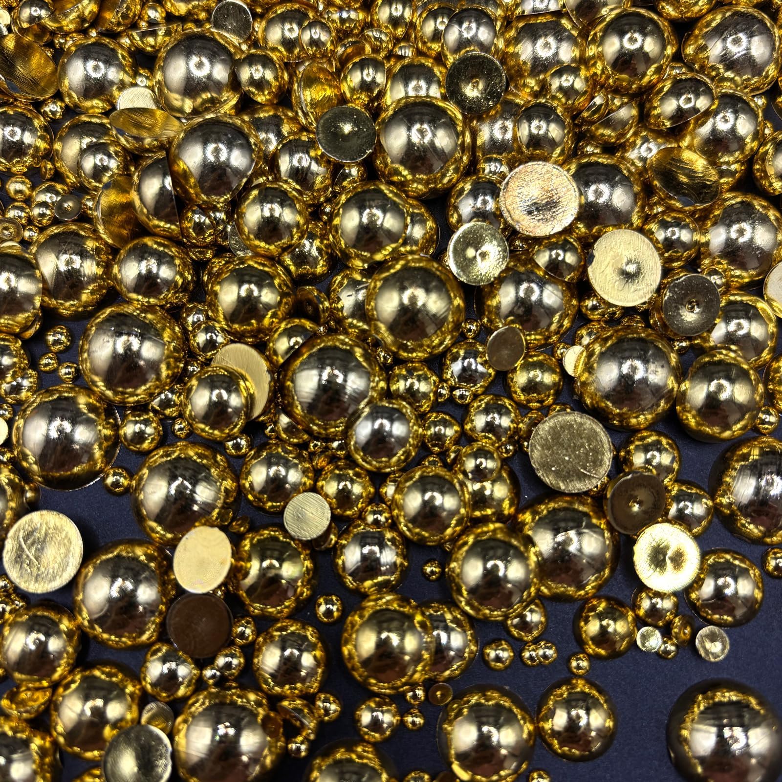1450PCS Flat Back Pearls for Crafting, 3-14mm Half Round Loose Pearls Gems Beads for Jewlery, Shoes, Cup, Wedding, Decor Hair, Nail Art Decoration, Golden Color