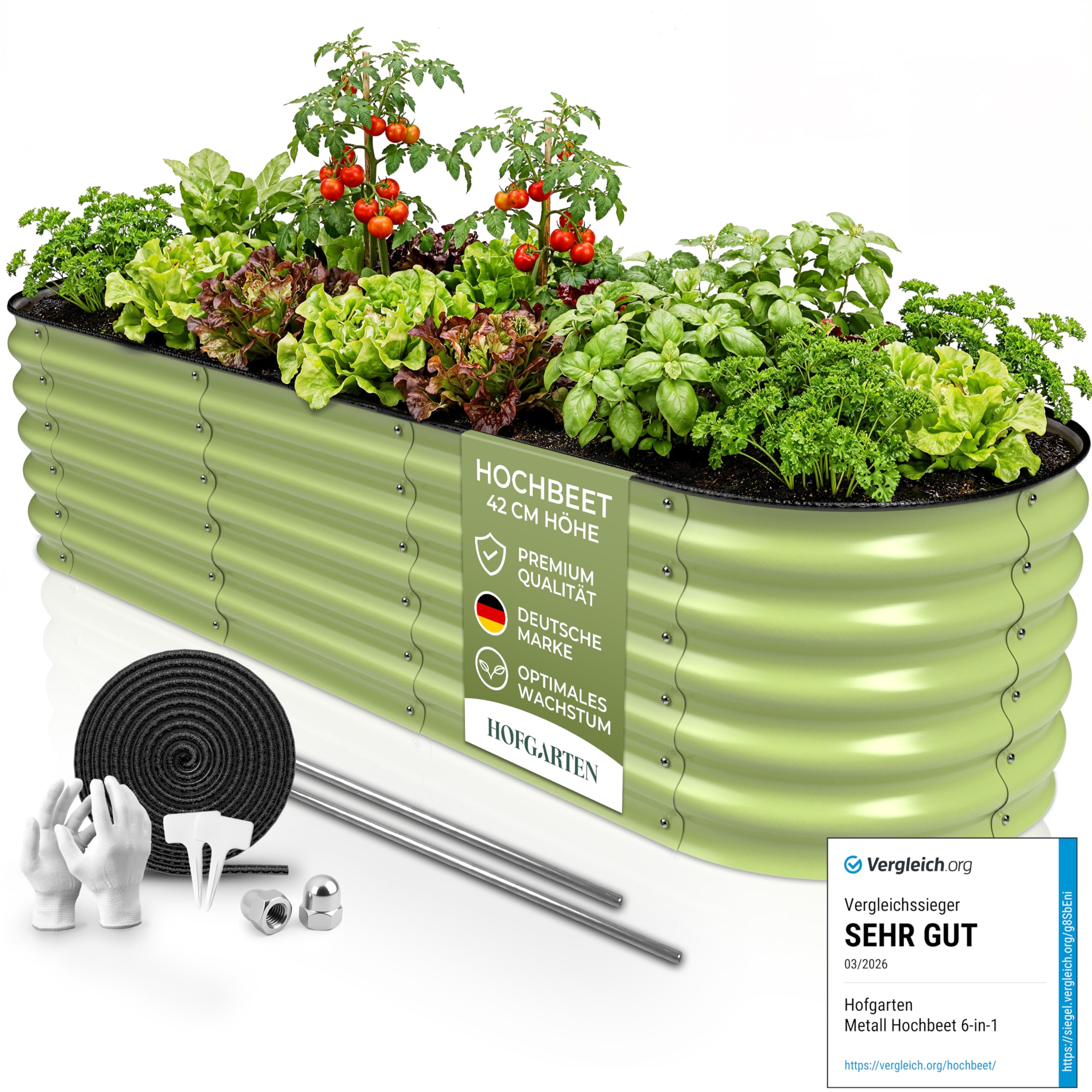 HOFGARTEN Hochbeet Metall 200x60x42 cm - Hochwertiges Gartenbeet aus Zn-Al-Mg Stahl - wetterfest & rostgeschützt - Modularer 6-in-1 Bausatz QuickGrow (Salbei)