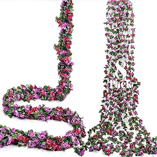 Miracliy 8Pcs 66FT Purple Flower Garland, Artificial Rose Floral Vines Fake Hanging Spring Flower Garland for Wall Backdrop Wedding Arch Tea Party Door Mantle Decoration