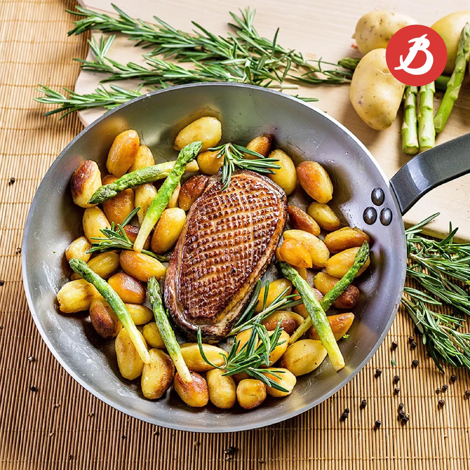 De Buyer - Poêle grill en tôle d'acier MINERAL B - 32 cm - Fabriquée en France, Anti Adhérence Naturelle, Queue Rivetée et Finition à la Cire d'Abeille, Tous Feux + Flash Four