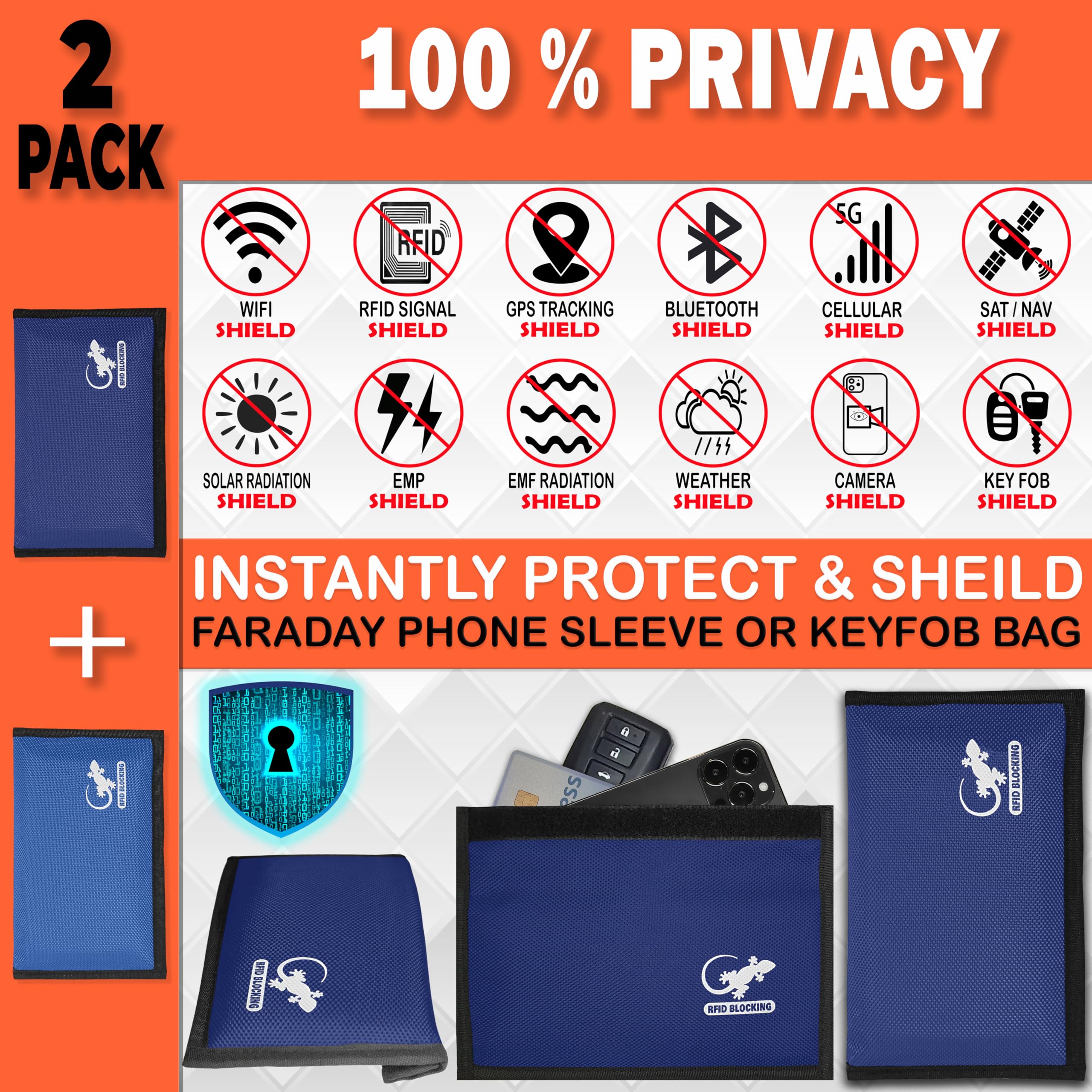 Faraday Tasche für GPS, RFID-Autoschlüssel, Signalblocker, Brieftasche, Abschirmung, Tasche, Schutzhülle für Handy, Autoschlüssel, Datenschutz, elektronische Geräte, Blau, 2 Stück