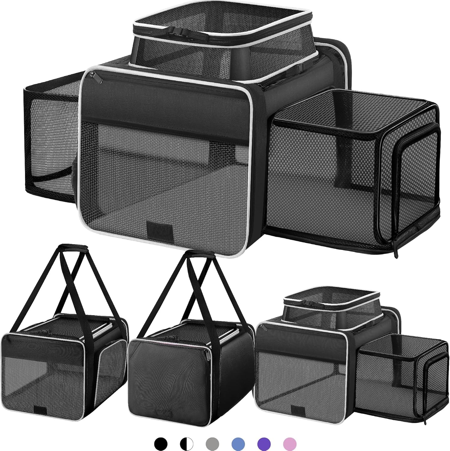 Top and 2 Sides Expandable Cat Carrier 18x11x11, TSA Airline Approved Dog Carriers for Small Dogs, Soft-Sided Pet Carrier with Self-Locking Zippers for Kitten,Rabbit, Puppy, Guinea Pig Black White