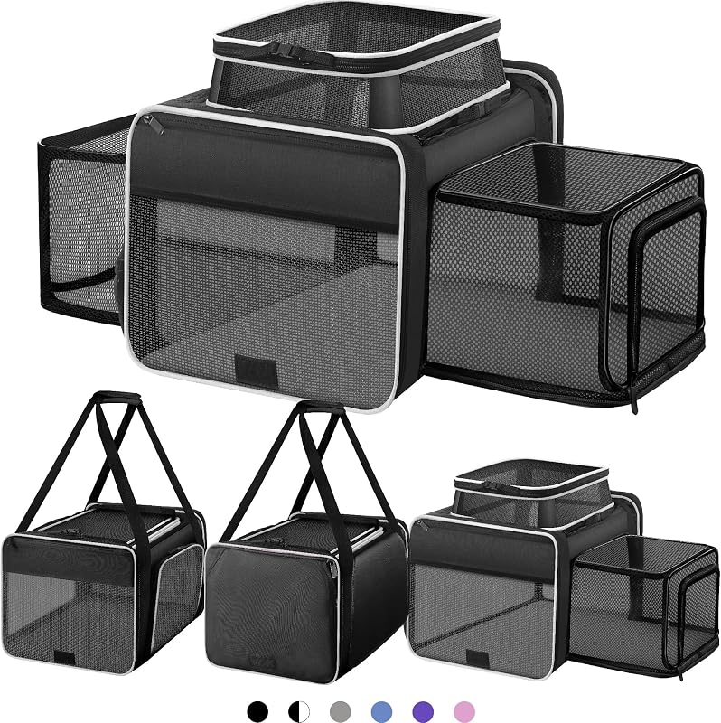 Top and 2 Sides Expandable Cat Carrier 18x11x11 TSA Airline Approved | Dog Carriers for Small Dogs, Soft-Sided Pet Carrier, Anti-Scratch Mesh, Lockable Zippers,for Kitten,Rabbit,Puppy, Black White