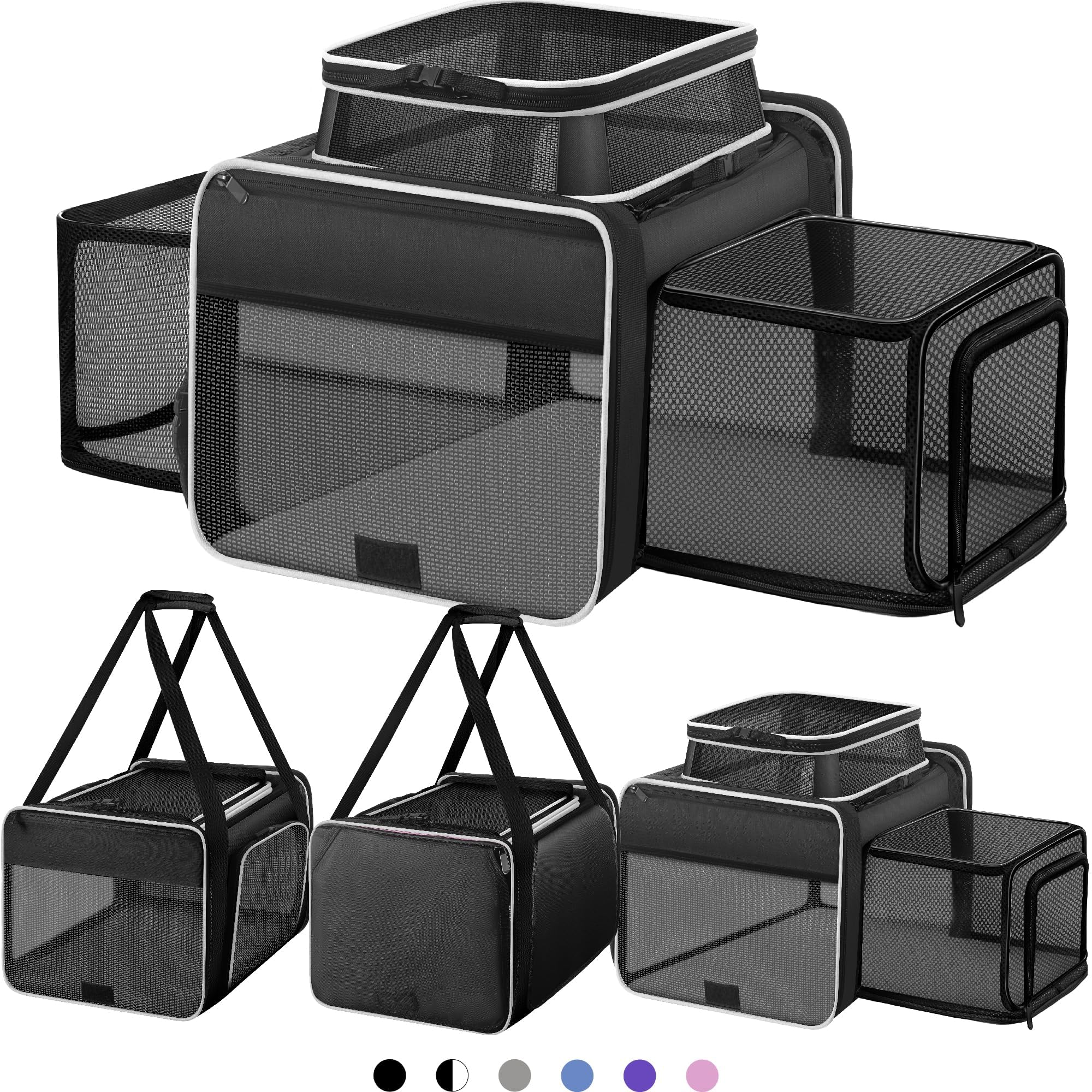 Top and 2 Sides Expandable Cat Carrier 18x11x11, TSA Airline Approved Dog Carriers for Small Dogs, Soft-Sided Pet Carrier with Self-Locking Zippers for Kitten,Rabbit, Puppy, Guinea Pig Black White
