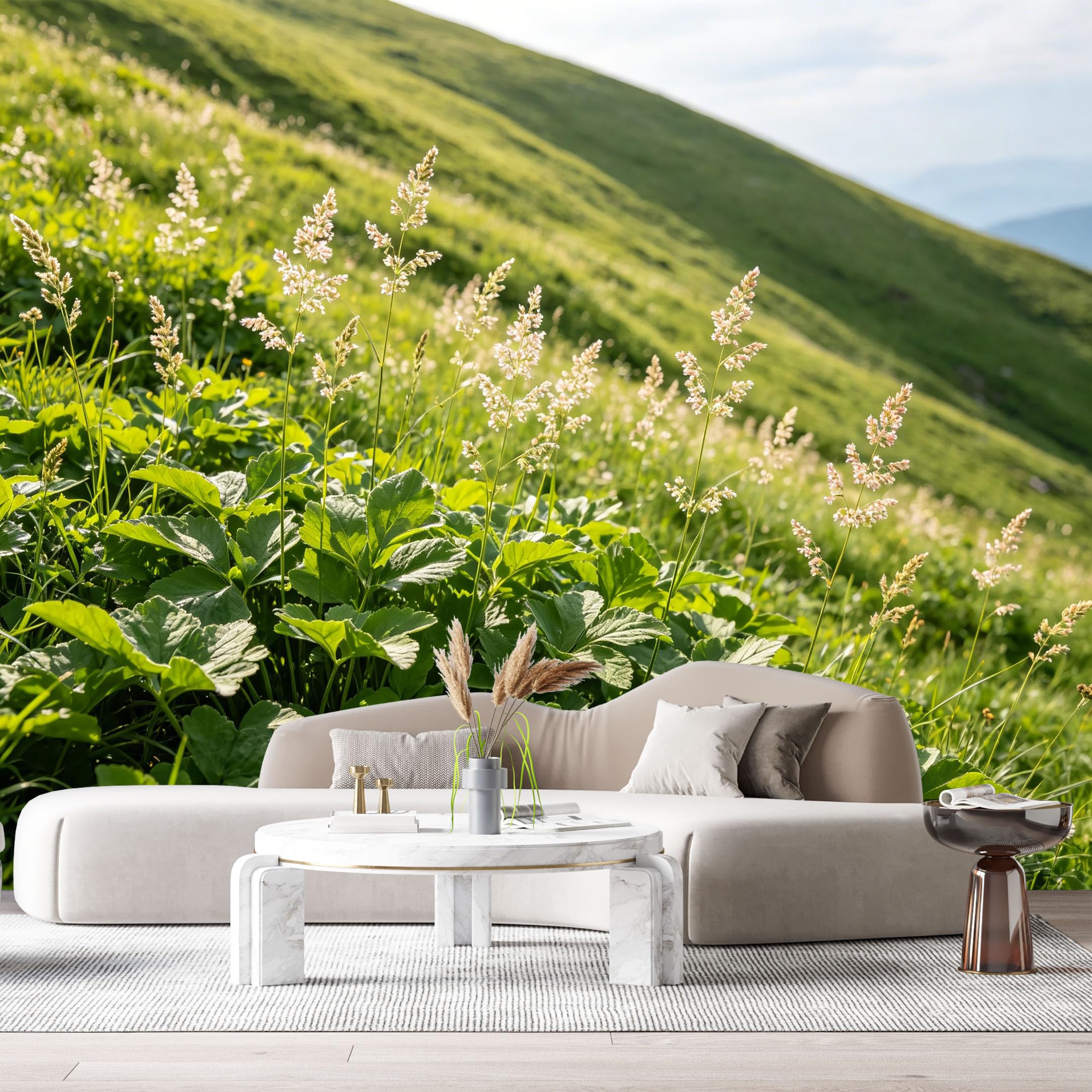 Custom Size Wall Murals Sunny Hill Landscape Botanical Green Meadow Plants Nature Scene SelfAdhesive Wall Fabric Removable Large Wallpaper for Photo Living Room