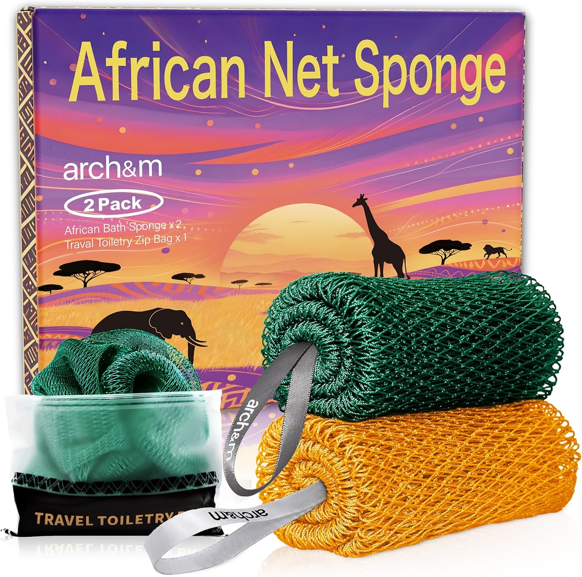 ARCH&M Authentic African Net Sponge with Knots, 2 Pack