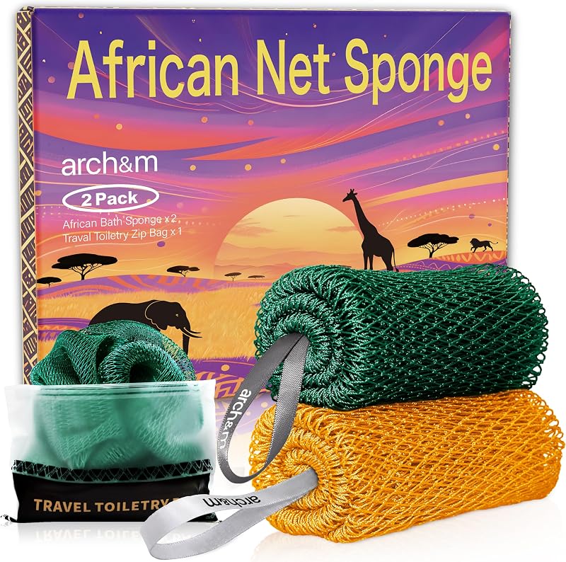 ARCH&M Esponja de Banho Africana de Tela com Nós, Pacote com 2 e Bolsa de Higiene