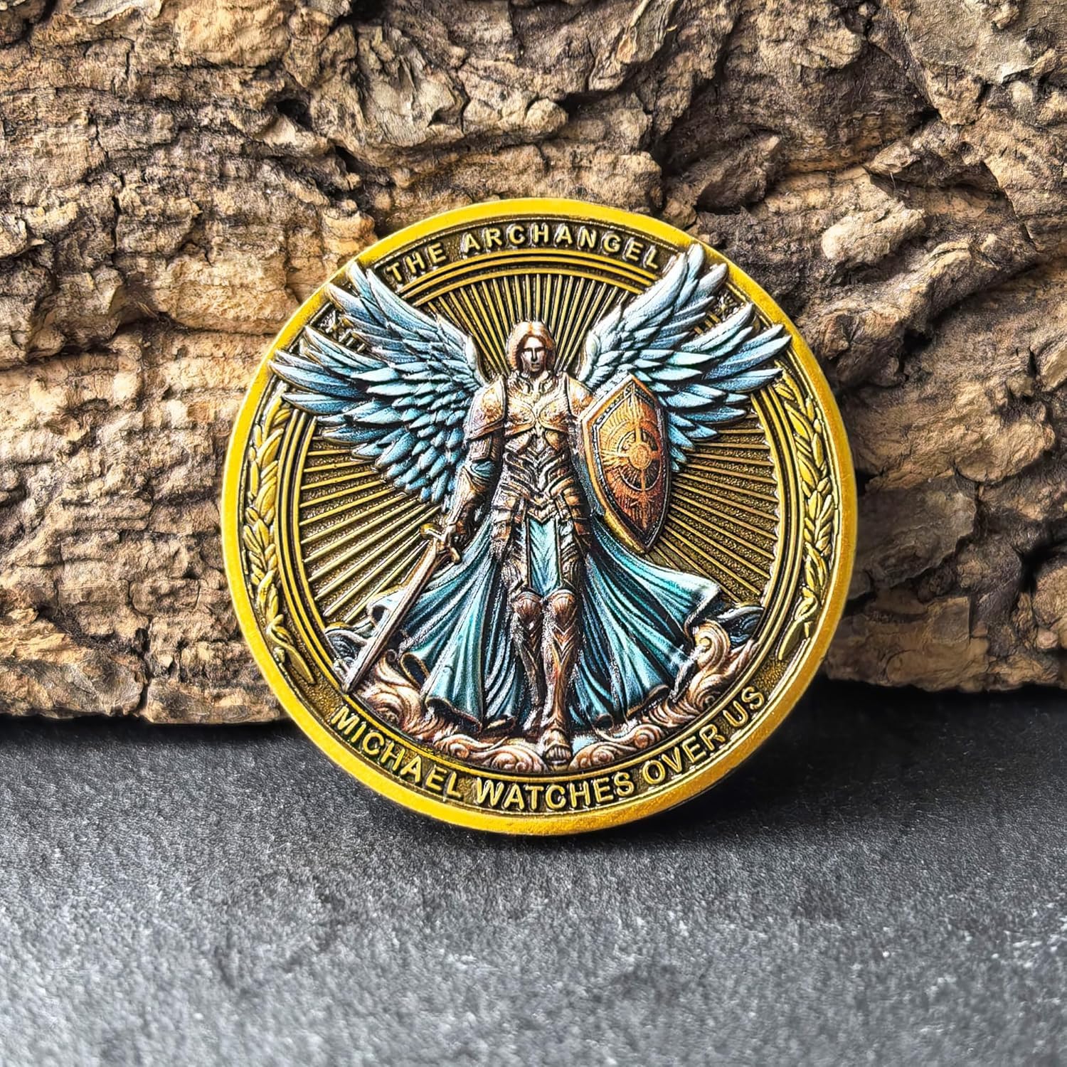 The Archangel Michael Watches Over Us Challenge Coin - Psalm 91:10-11 Inspirational Religious Collectible Coin with Clear Protective Case (Pack of 3)