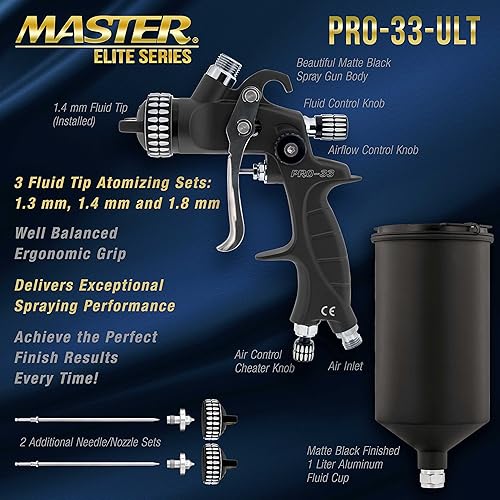 Miniatura 3 de Master Elite - Pistola de pulverización HVLP de alto rendimiento serie PRO-33, kit definitivo, 3 juegos de puntas de fluido de 1.3, 1.4 y 0.071 in y