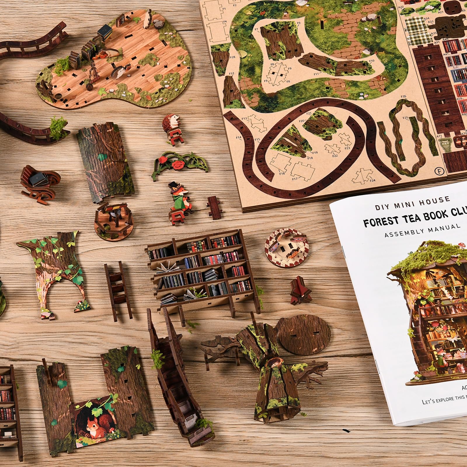 HOUISM Book Nook Kit - Libro fai da te in miniatura con LED, casa delle bambole in stile casa delle bambole nel bosco, kit artigianale in legno per decorazione libreria, regalo per adulti e amanti dei