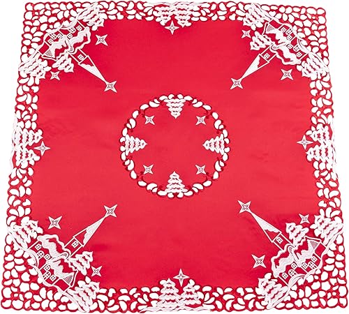 Navidad bordado Iglesia Y Ciervos Blanco sobre rojo mesa Topper pequeña Mantel 33" x 33" Navidad bordado Iglesia Y Ciervos Blanco sobre rojo mesa Topper pequeña Mantel 33" x 33"