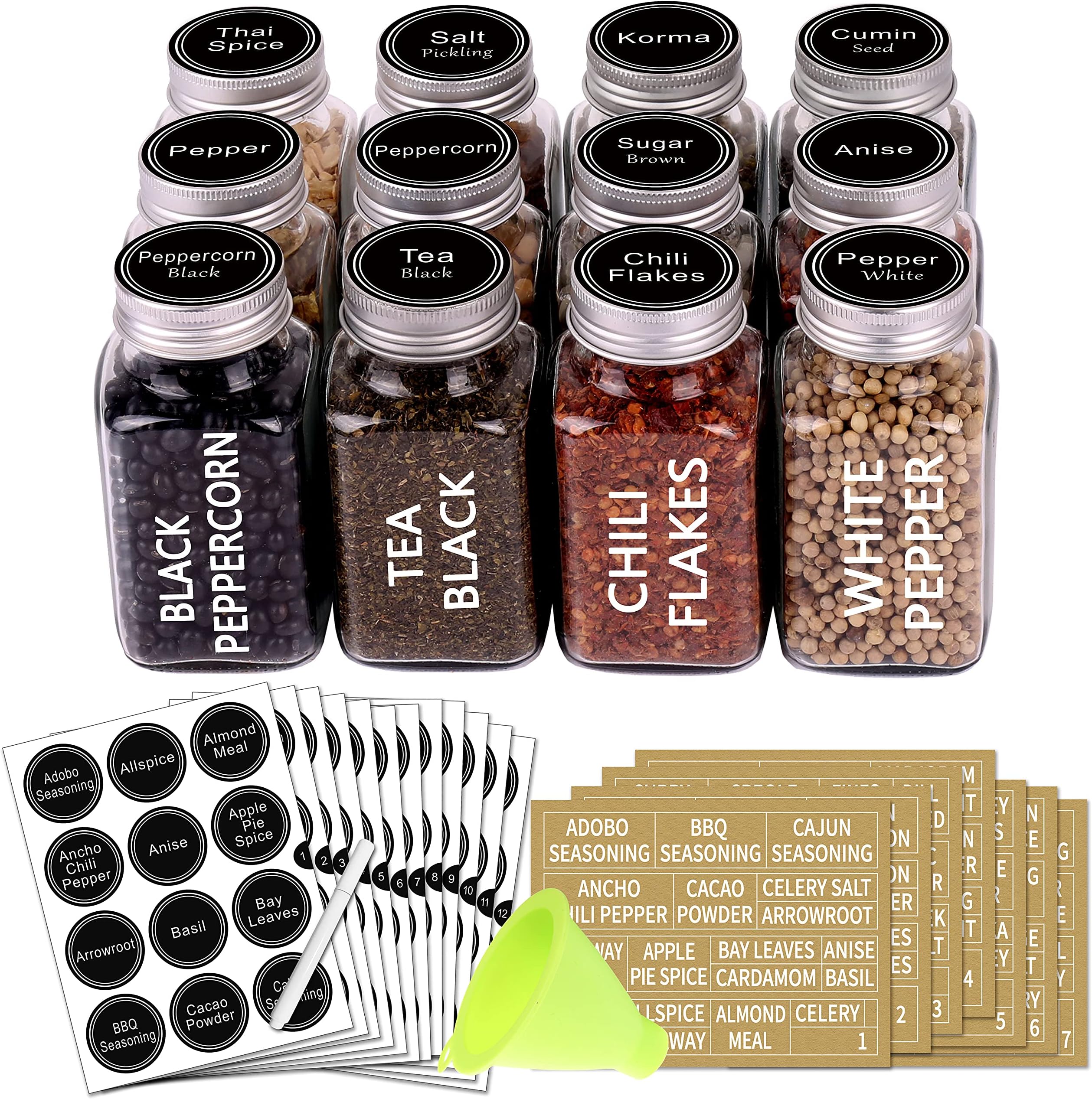 SWOMMOLY Glass Spice Jars 6OZ Square Spice Bottles, 12 Empty Seasoning Containers with Airtight Cap, Pour/sift Shaker Lid, 268 Spice Labels, Chalk Marker and Funnel Complete Set