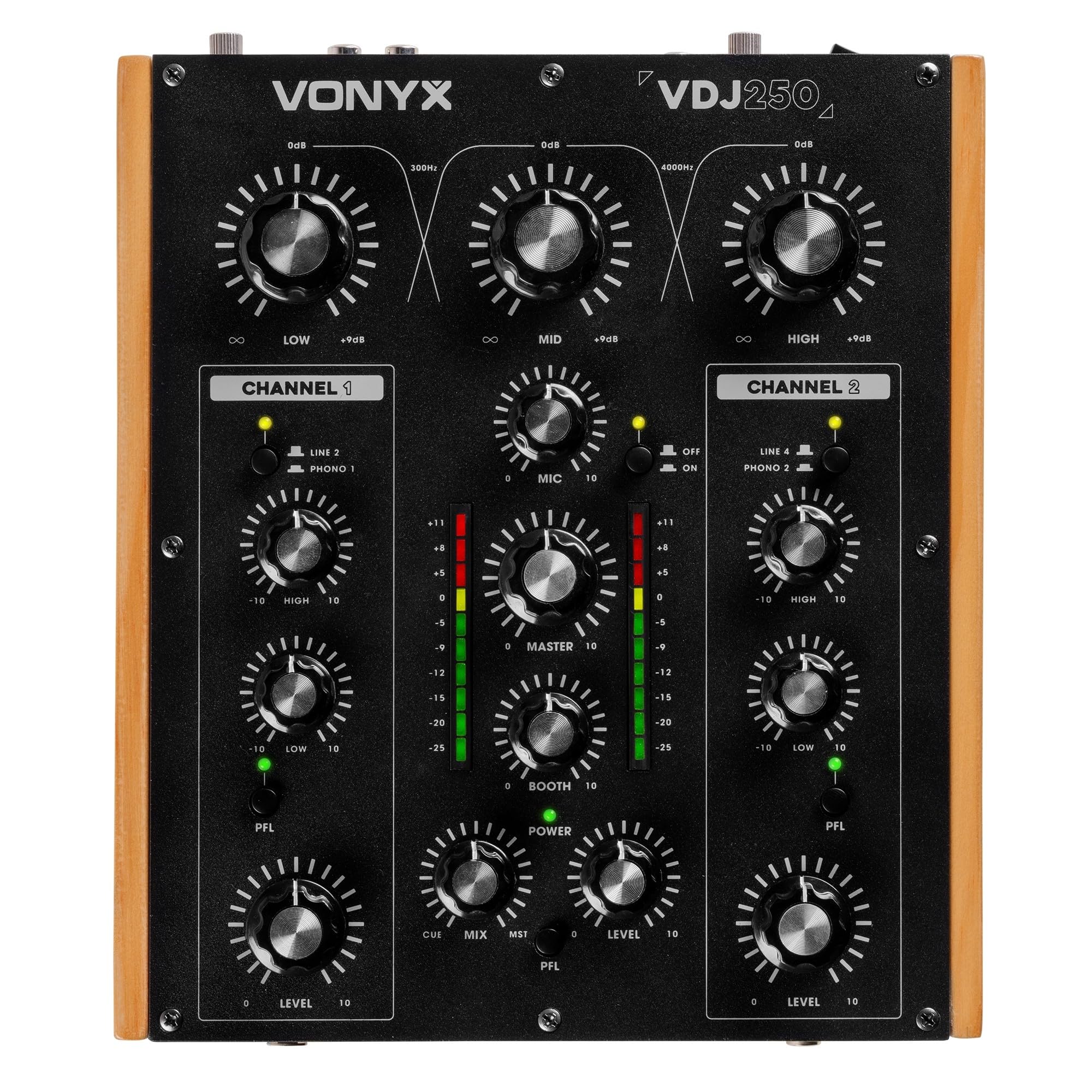 VONYX VDJ250 - Table de Mixage DJ Rotative 2 Canaux avec EQ 2 Bandes, Entrées Phono/Line, Mixer Analogique Compact pour DJ Vinyles & Sources Audio