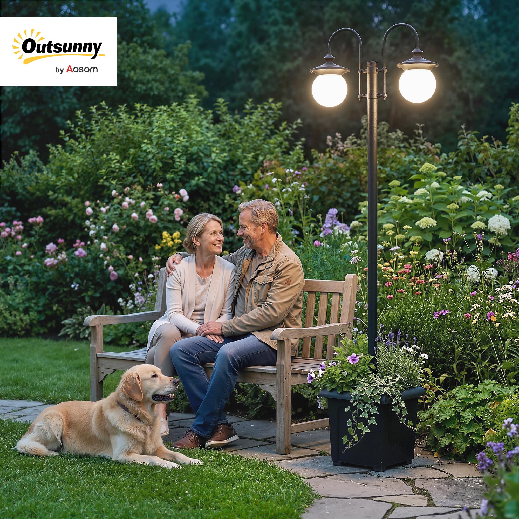 Outsunny Farola Solar Exterior de Jardín con Macetero 53,5x30x182cm Negro | 2 Cabezales, Impermeable IP44, Encendido/Apagado Automático, Altura Ajustable, Luz Solar de Exterior LED, Terraza Patio