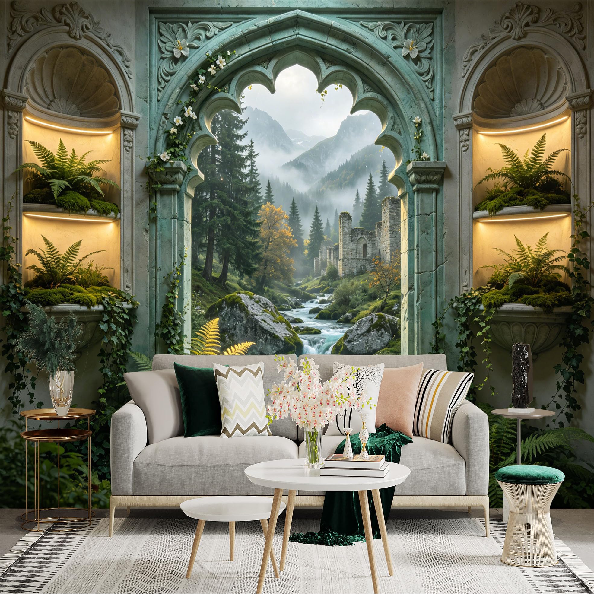 Custom Size Wall Sticker Mural， Fantasy Garden with Stone Archway， Waterfall， Mountains and Forest， for wall Decoration， peelandstick wall Decals.