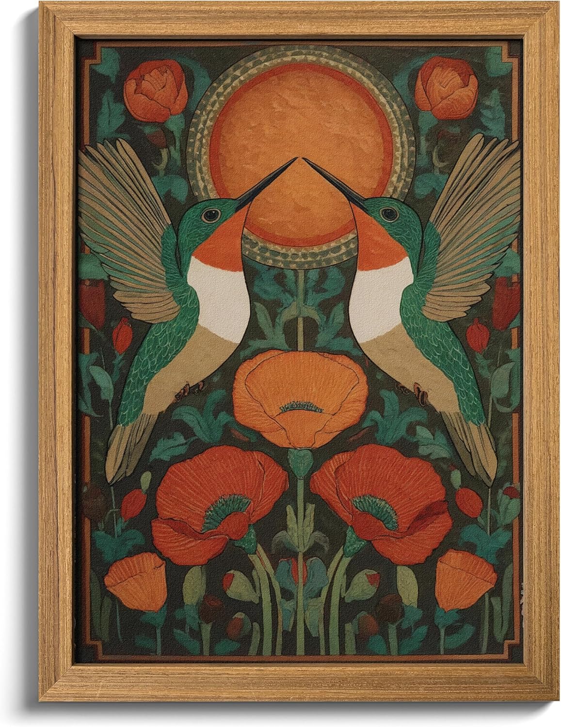 Framed Vintage Hummingbird Wall Art, Boho 3D Textured Floral Wall Decor, Hand Drawn Sandstone Bird Art Picture, Nature Botanical Artwork for Living Room Bedroom 12x16 inch