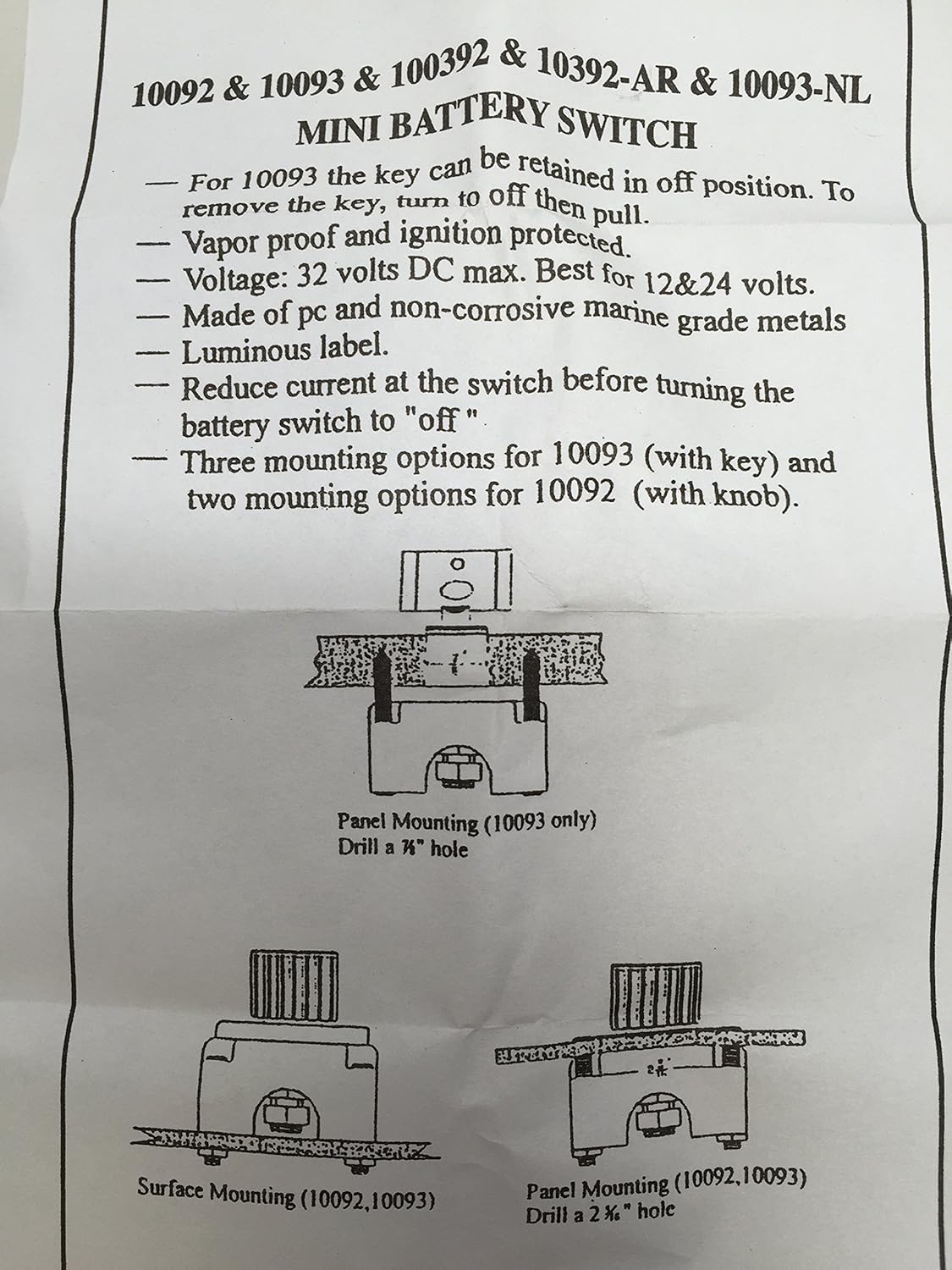 Marine Boat MINI Battery Switch Removable POM Key RED Green Label 2P ON-Off 12V