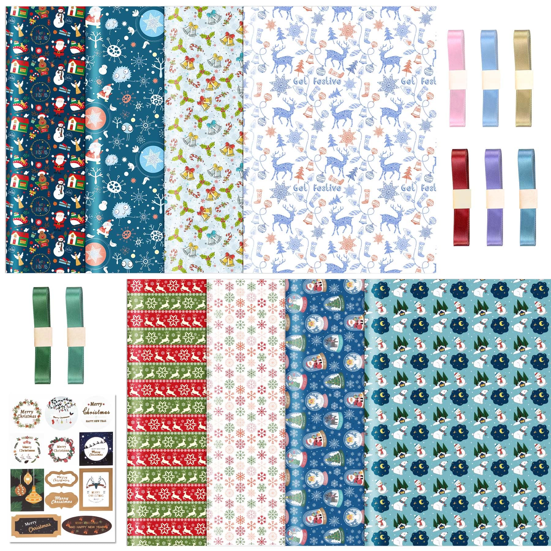 Larcenciel Christmas Gift Wrap Set - 18 Sheets With Tags, Ribbon & Stickers