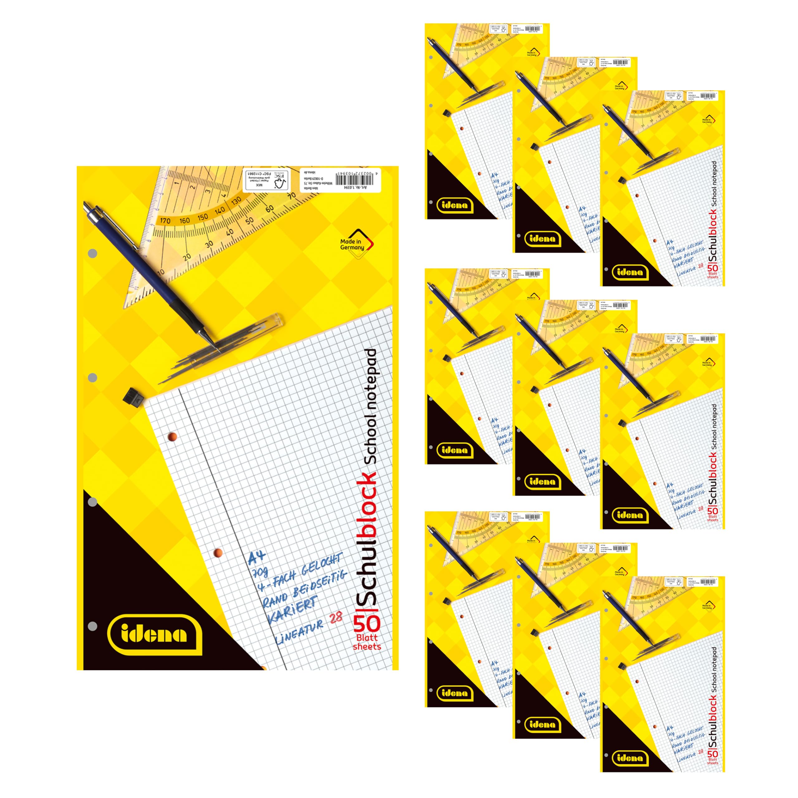 Idena 90388 - Blok, kareli A4, 10 adet, 50 yaprak ve çift kenarlı okul defteri, 70 g/m² kağıt, 4 kat delikli ve baş yapıştırılmış