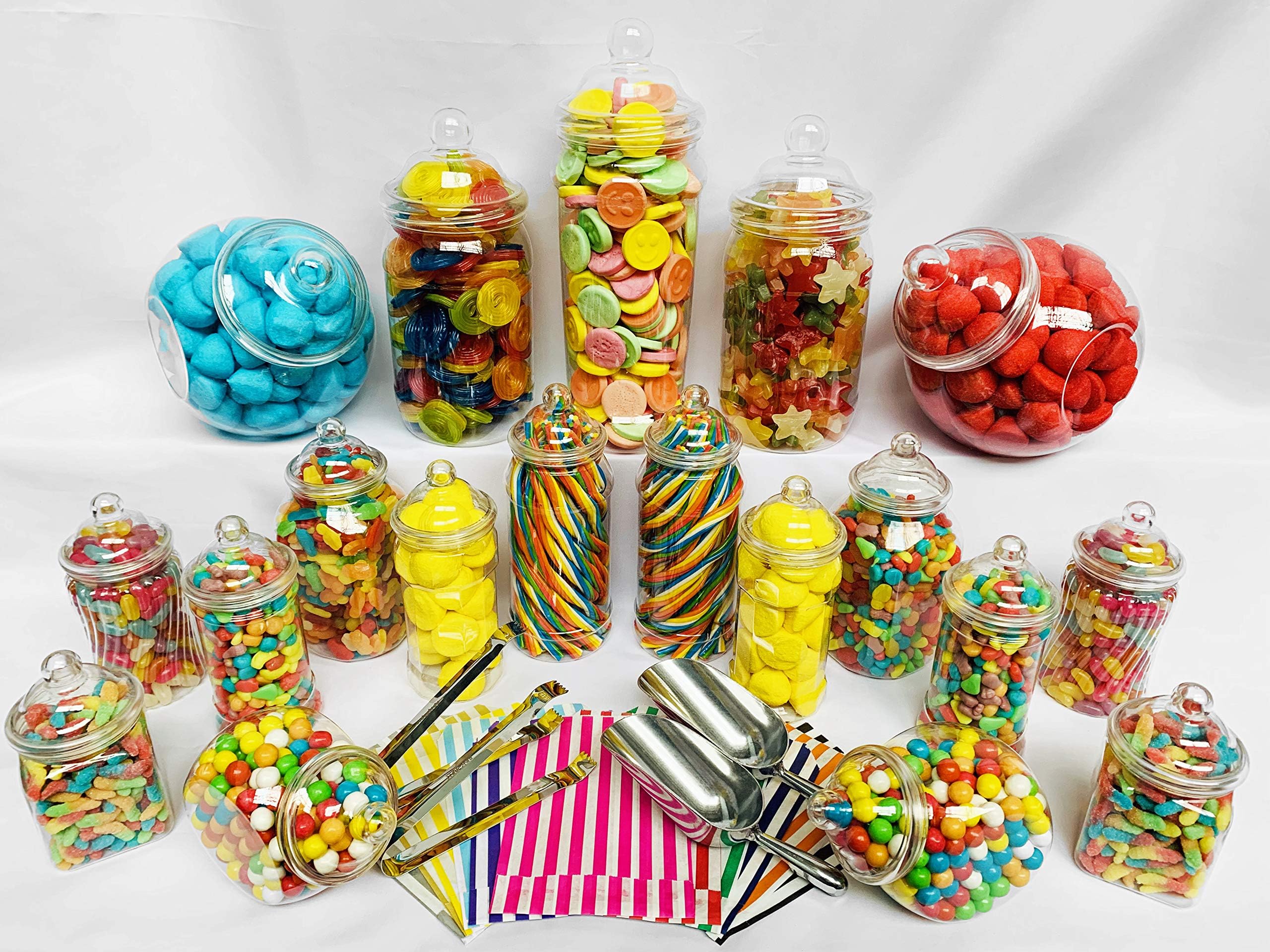 19 Retro Empty Plastic Sweet Jars, 2 Scoops, 2 Tongs and 100 Bags for Truly Sweet Candy Buffet Kit, Sweet Table (Green)