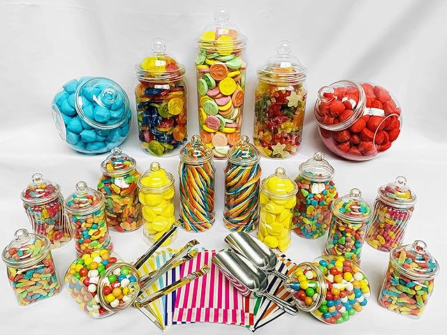 19 Retro Empty Plastic Sweet Jars, 2 Scoops, 2 Tongs and 100 Bags for Truly Sweet Candy Buffet Kit, Sweet Table (Purple)