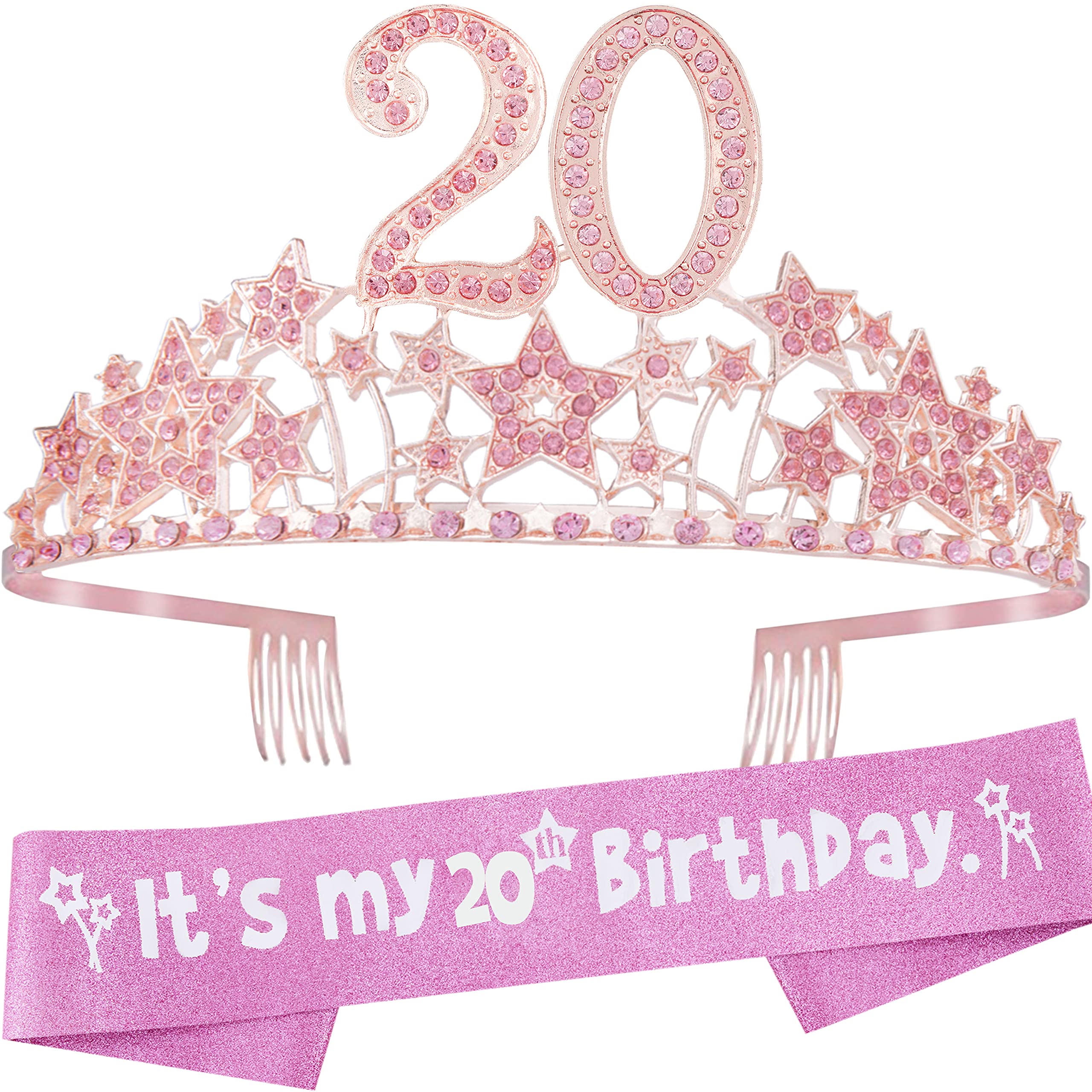 EBE EmmasbyEmma 20th Birthday Sash and Tiara for Women - Fabulous Set: Glitter Sash + Starry Sky Rhinestone Pink Premium Metal Tiara for Women, 20th Birthday Gifts for 20th Birthday Party