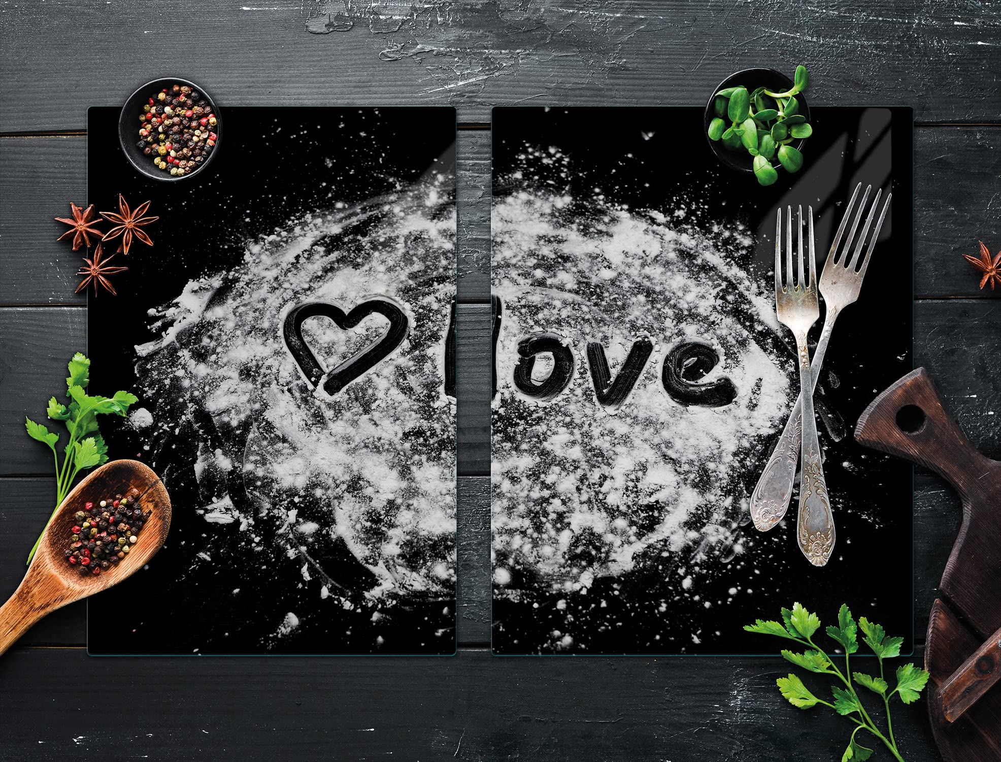 TMK ArtDeko Tabla De Cortar Decorativa De Cristal Templado Y Cubre Vitro, Placa Protectora De Vitrocerámica 75 X 52 Cm 2 Piezas, Para Inducción, Protección Contra Salpicaduras, Cuchara