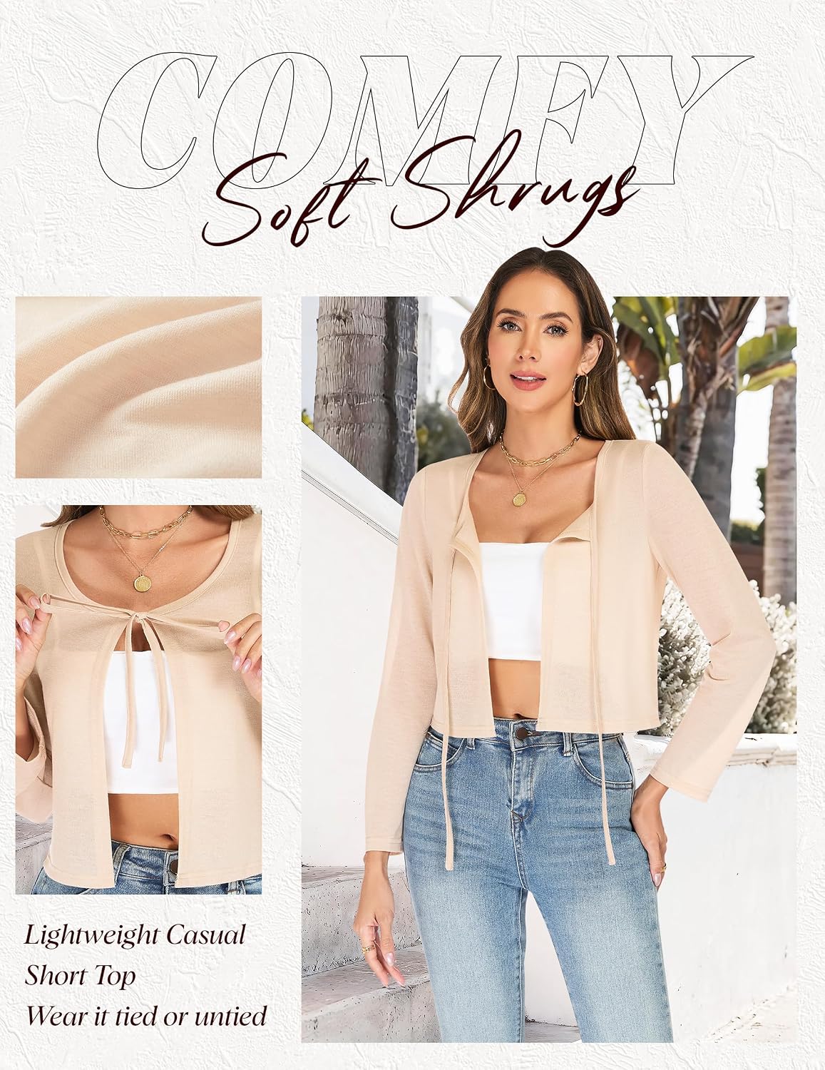 Wedtrend Women's Bolero Shrug Tie Front Long Sleeve Open Front Cropped Cardigan for Women Rib Knit Shrug Sweaters