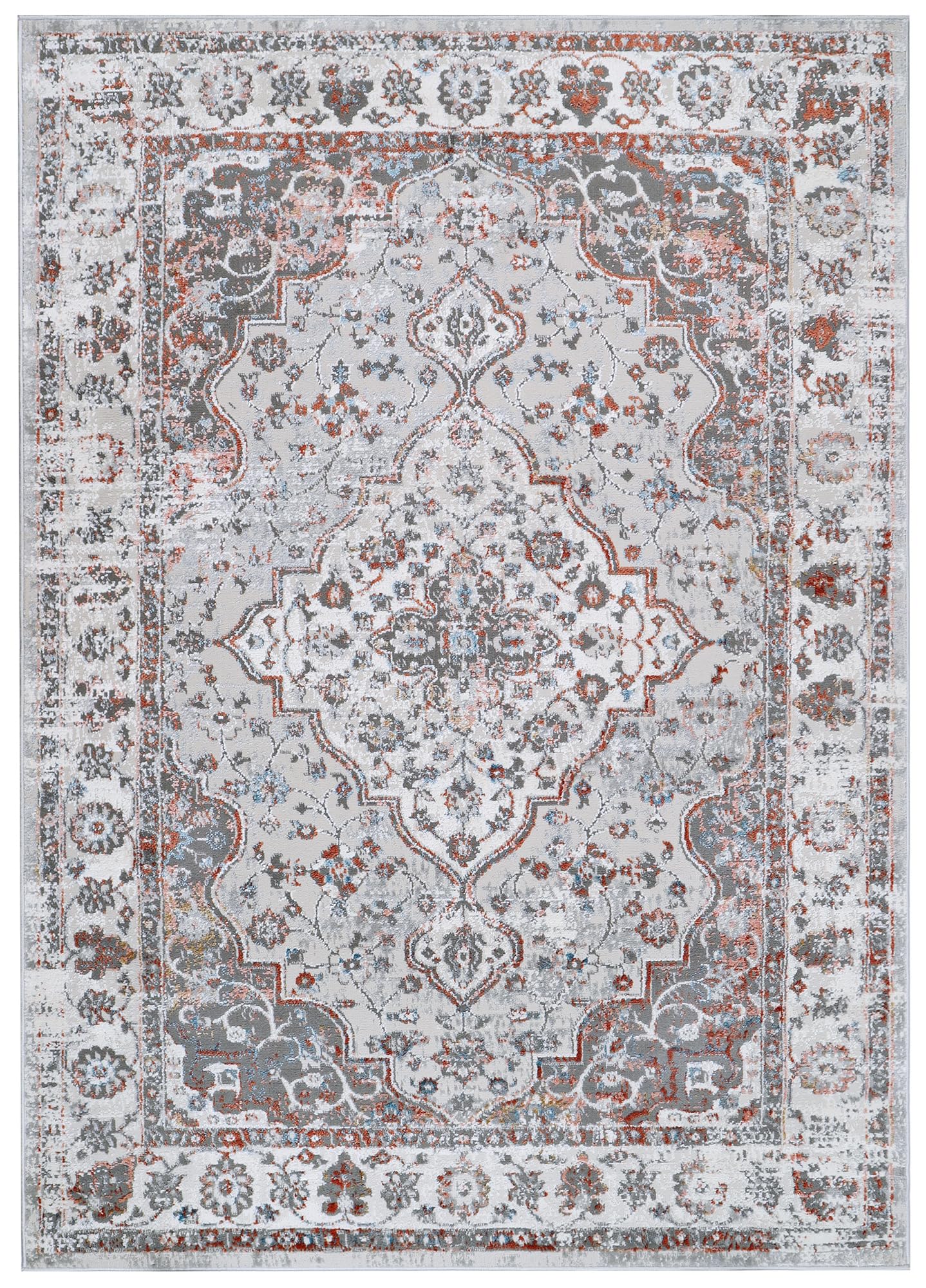 TAPISO Valley Teppich Kurzflor Hellgrau Rostbraun Blau Ornament 300 x 400 cm